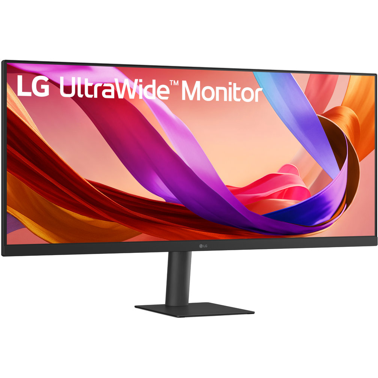 Een LG UltraWide monitor, zwart frame, met een kleurrijke abstracte achtergrond. De monitor staat op een zwarte standaard. Het logo is zichtbaar.