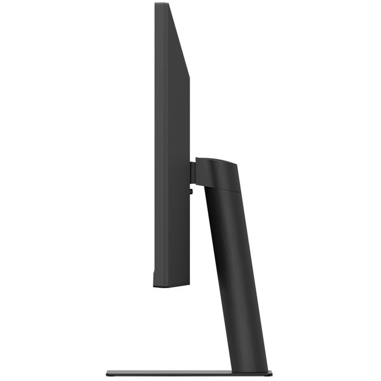 Zijaanzicht van een zwarte computermonitor. De monitor staat op een zwarte standaard tegen een witte achtergrond.