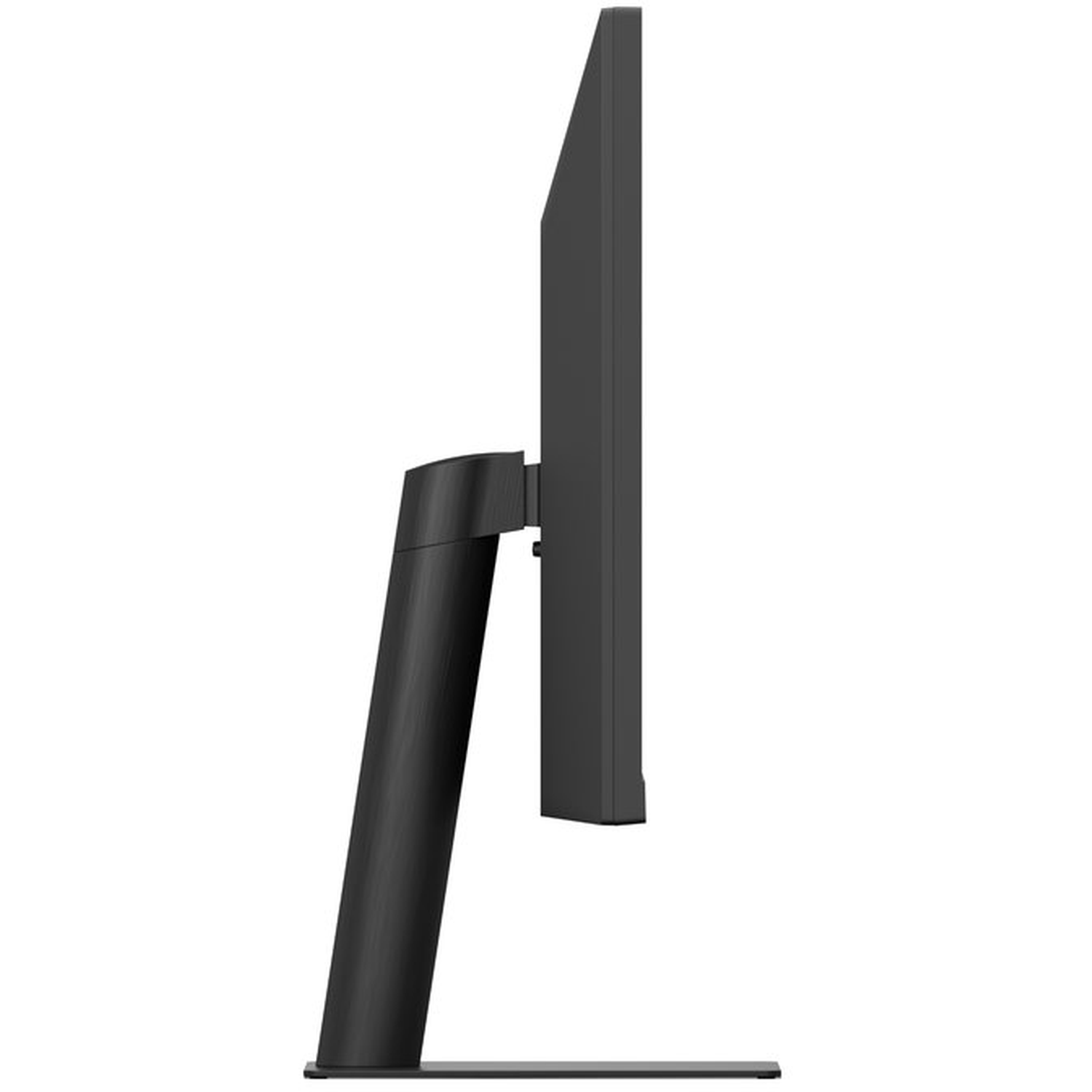Zijaanzicht van een zwarte computermonitor. Het scherm is donkergrijs. Het heeft een standaard met een zwarte cilindrische basis.