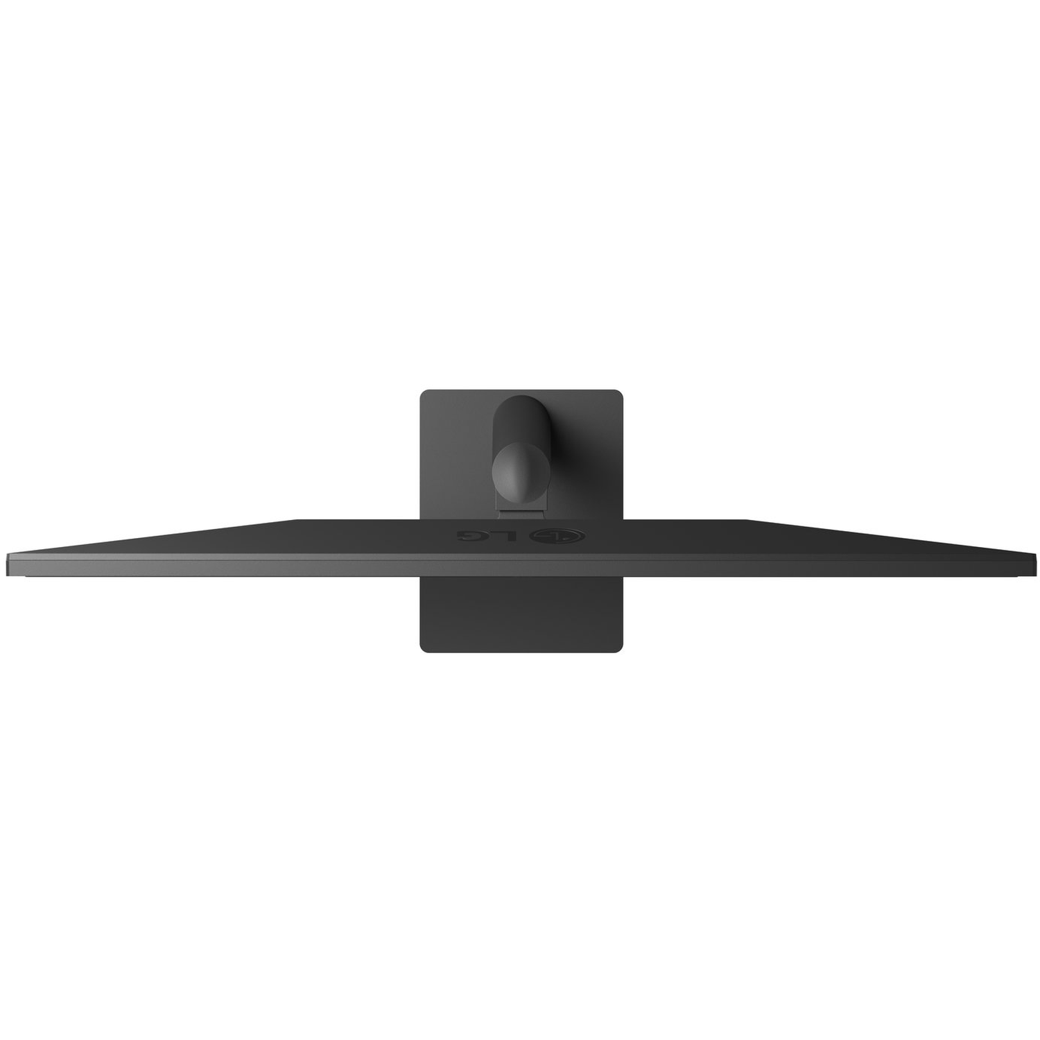 Bovenaanzicht van een zwarte LG-monitor. De voet en de nek zijn ook zwart. De achtergrond is wit.