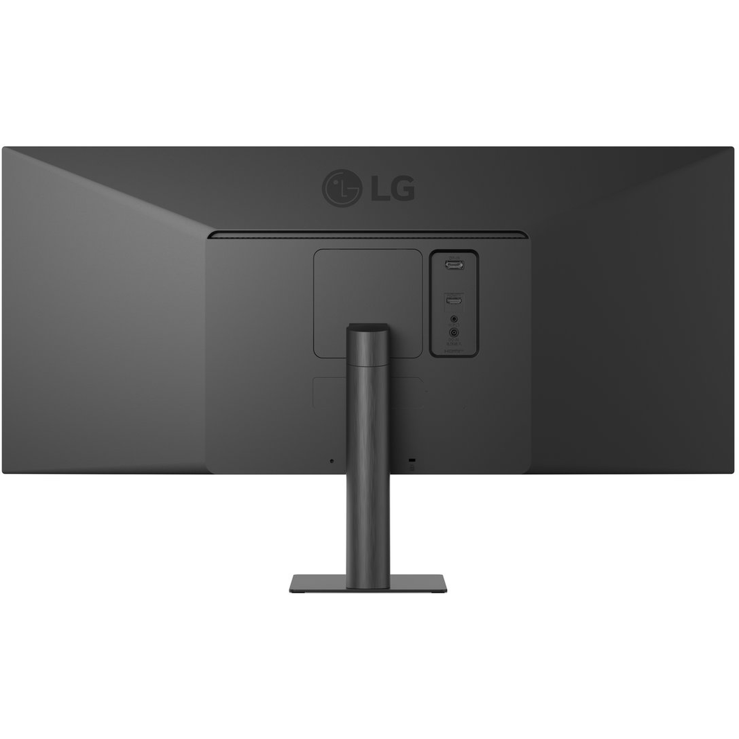 De achterkant van een zwarte LG-monitor wordt weergegeven. Het heeft poorten, een standaard en het LG-logo. De standaard is donkergrijs.