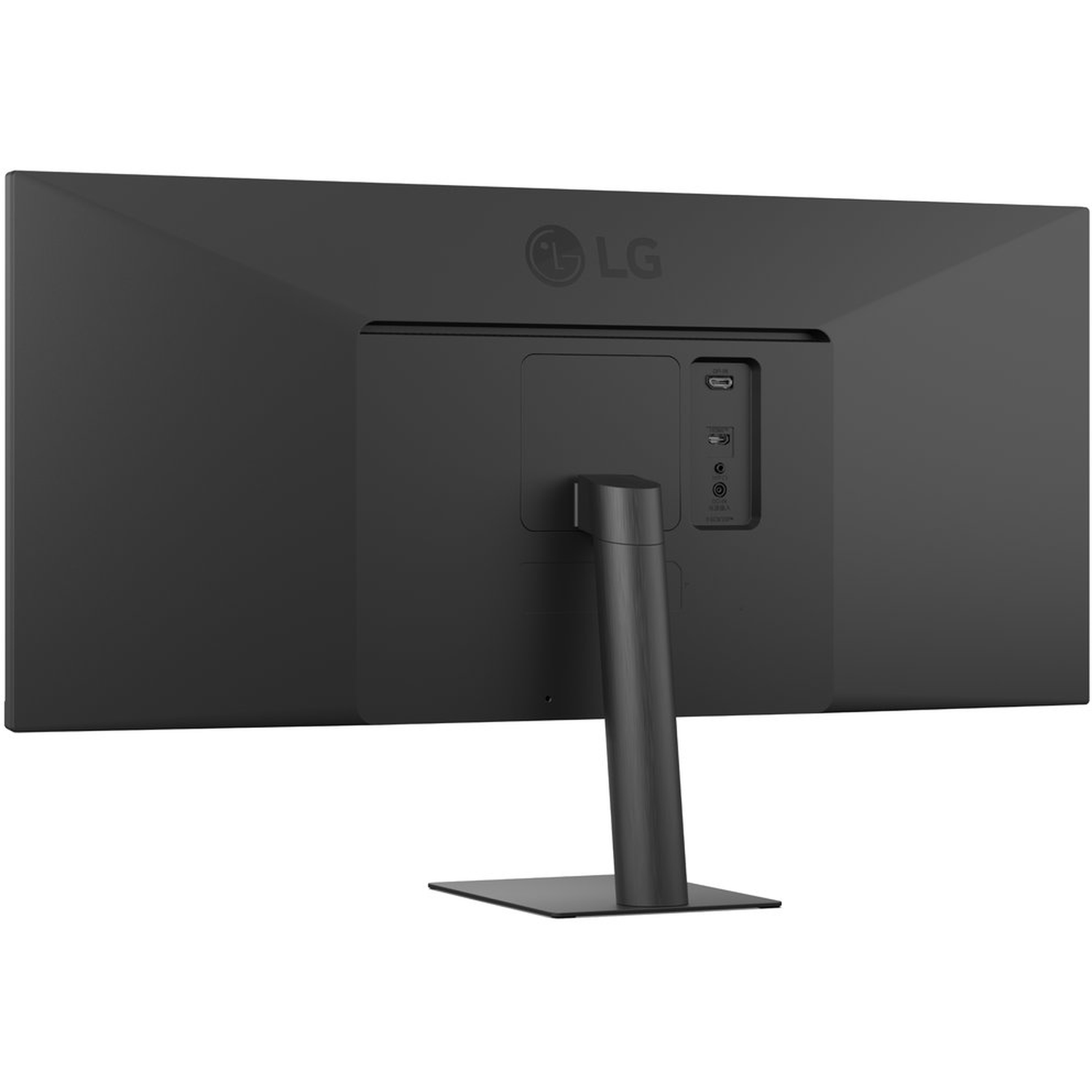 De achterkant van een zwarte LG-monitor, met poorten en een standaard. De standaard is donker metaal.