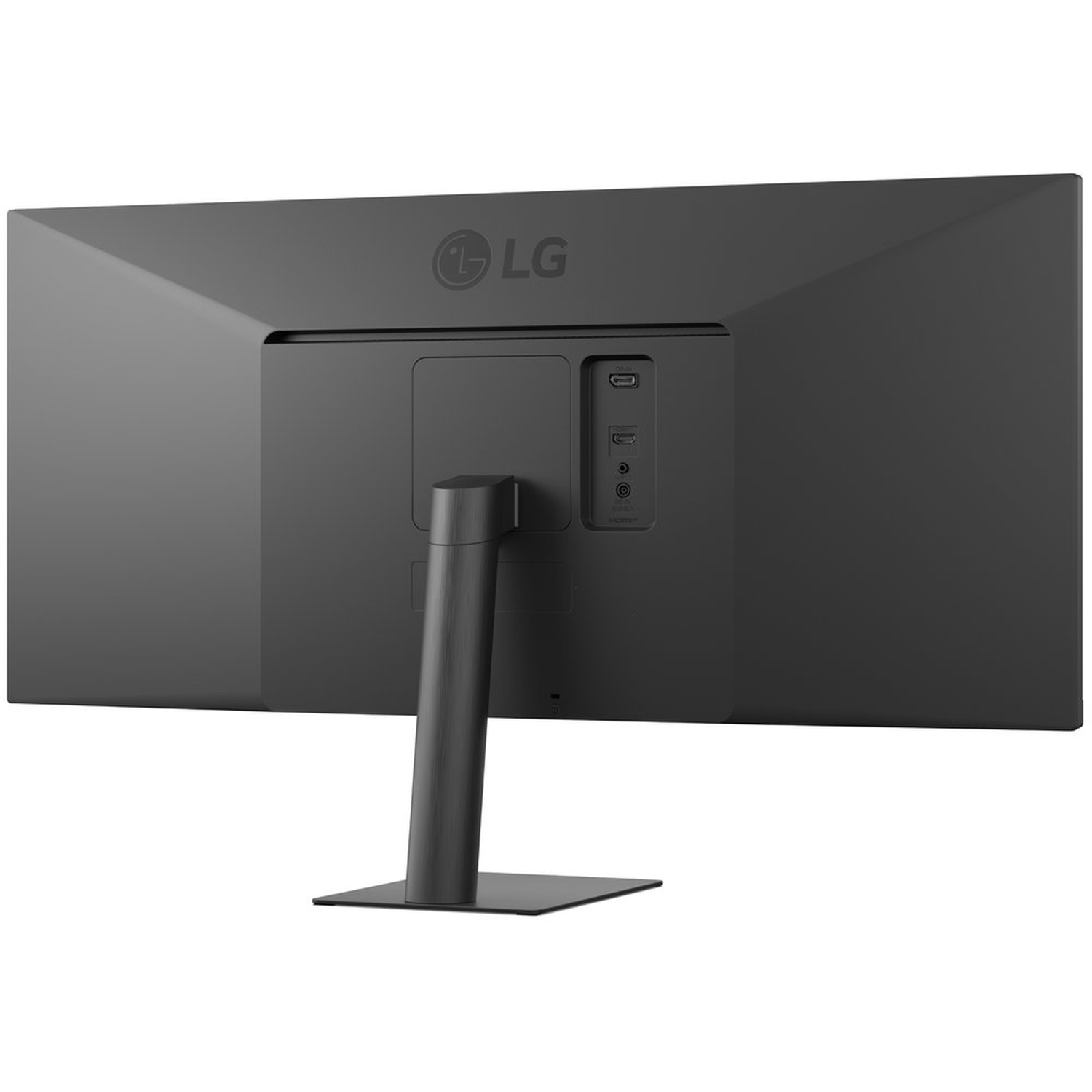 De achterkant van een zwarte LG-monitor met standaard. Het LG-logo is zichtbaar. Poorten en de standaard staan centraal.