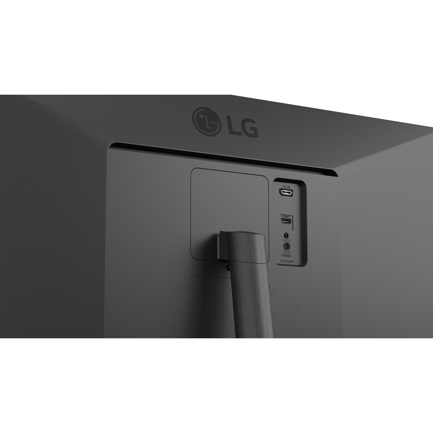 De achterkant van een grijze LG monitor. Poorten zijn onder meer USB-C, DP-IN, HDMI en stroomingang. Een houten standaard is zichtbaar.