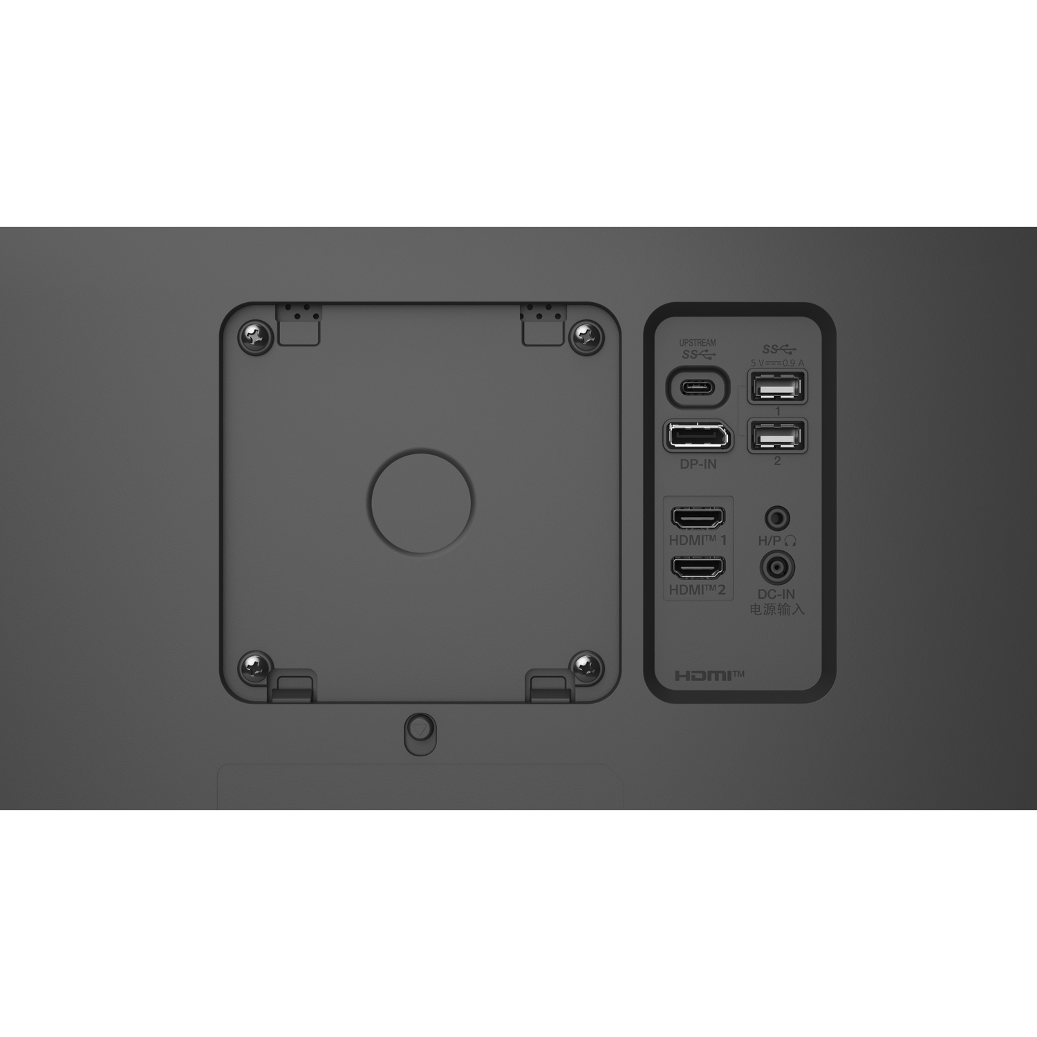 A close-up of a monitor's back panel. It has various ports including HDMI, USB, and power input. The panel is gray.