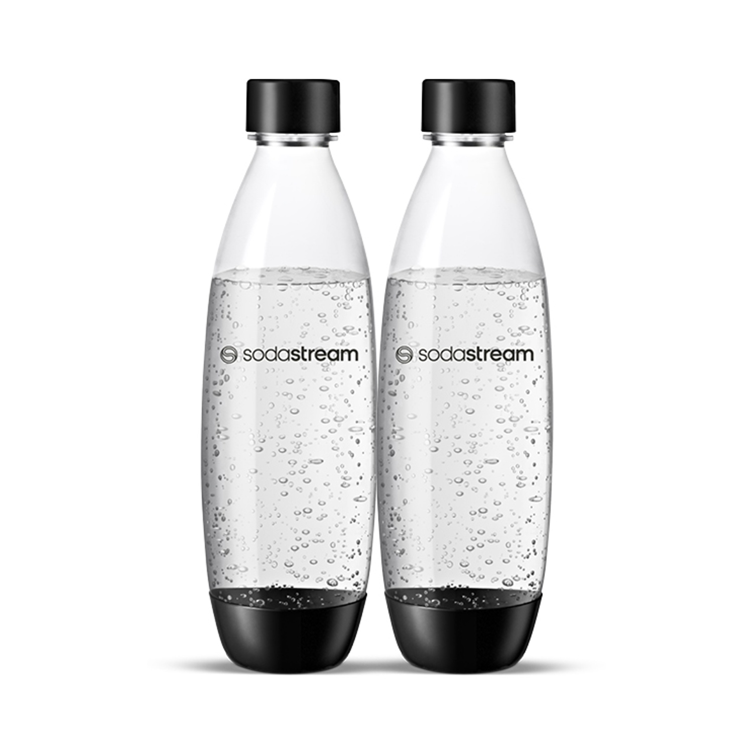 Due bottiglie SodaStream, trasparenti con acqua e bolle. Tappi e fondi neri. Il logo SodaStream è visibile sulle bottiglie.