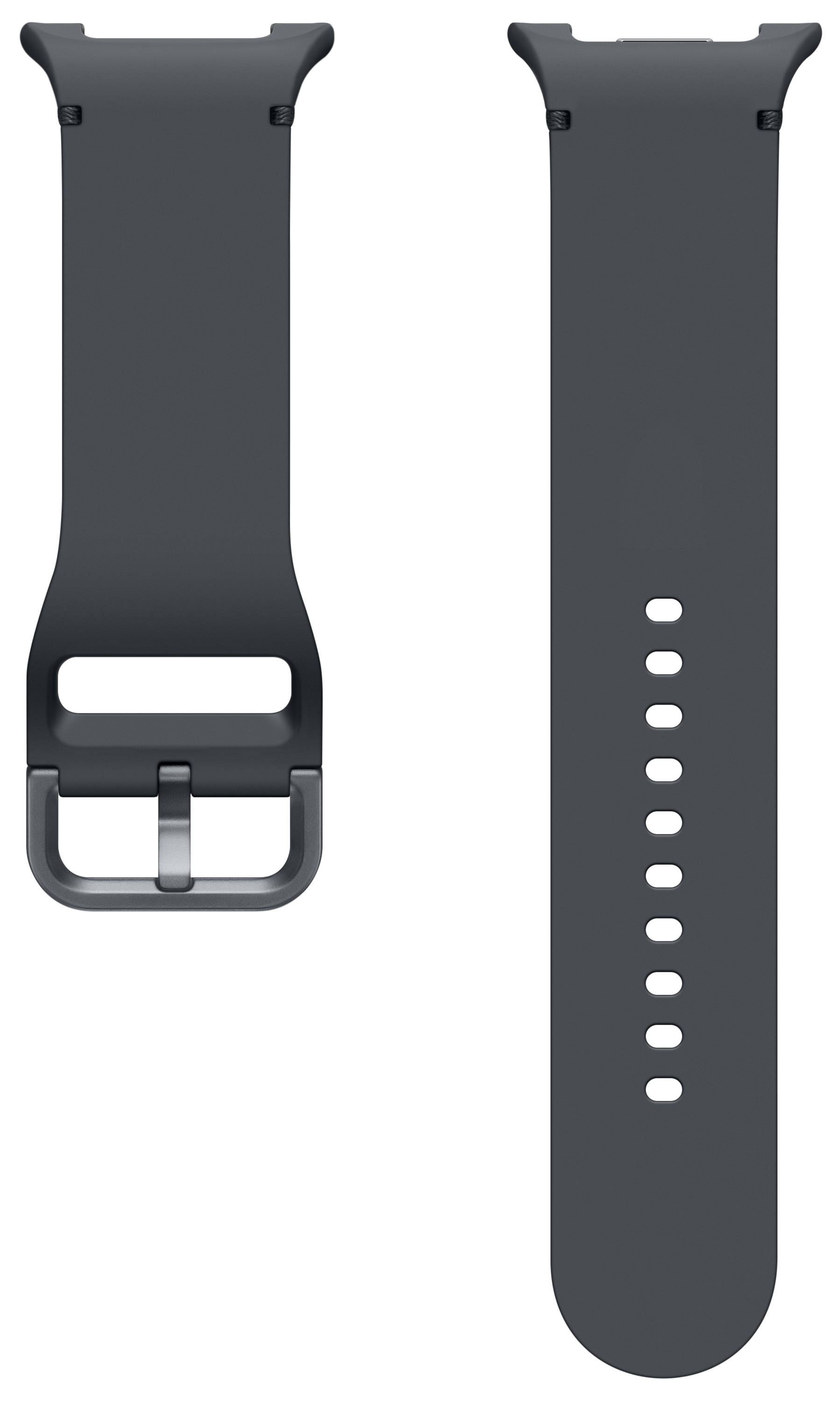 Dwa ciemnoszare paski do zegarka na białym tle. Jeden ma klamrę, drugi otwory do regulacji. Oba mają podobny design.