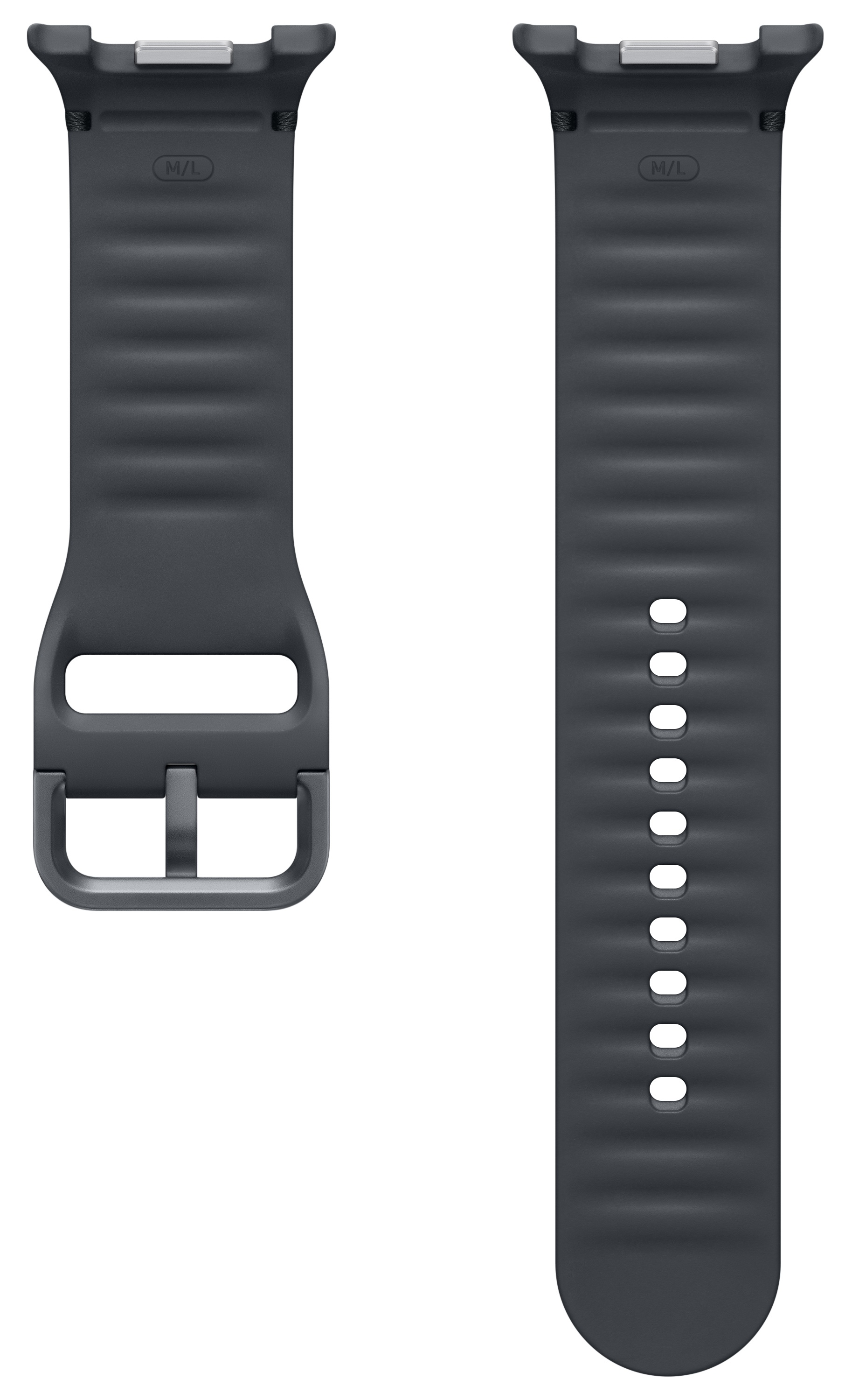 Dwa ciemnoszare paski do zegarka. Jeden ma klamrę, drugi ma dziury. Oba mają oznaczenie M/L.