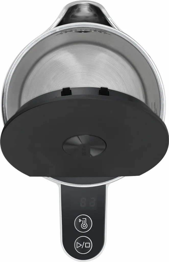 Widok z góry na czajnik ze stali nierdzewnej z otwartą pokrywą. Cyfrowy wyświetlacz pokazuje temperaturę.