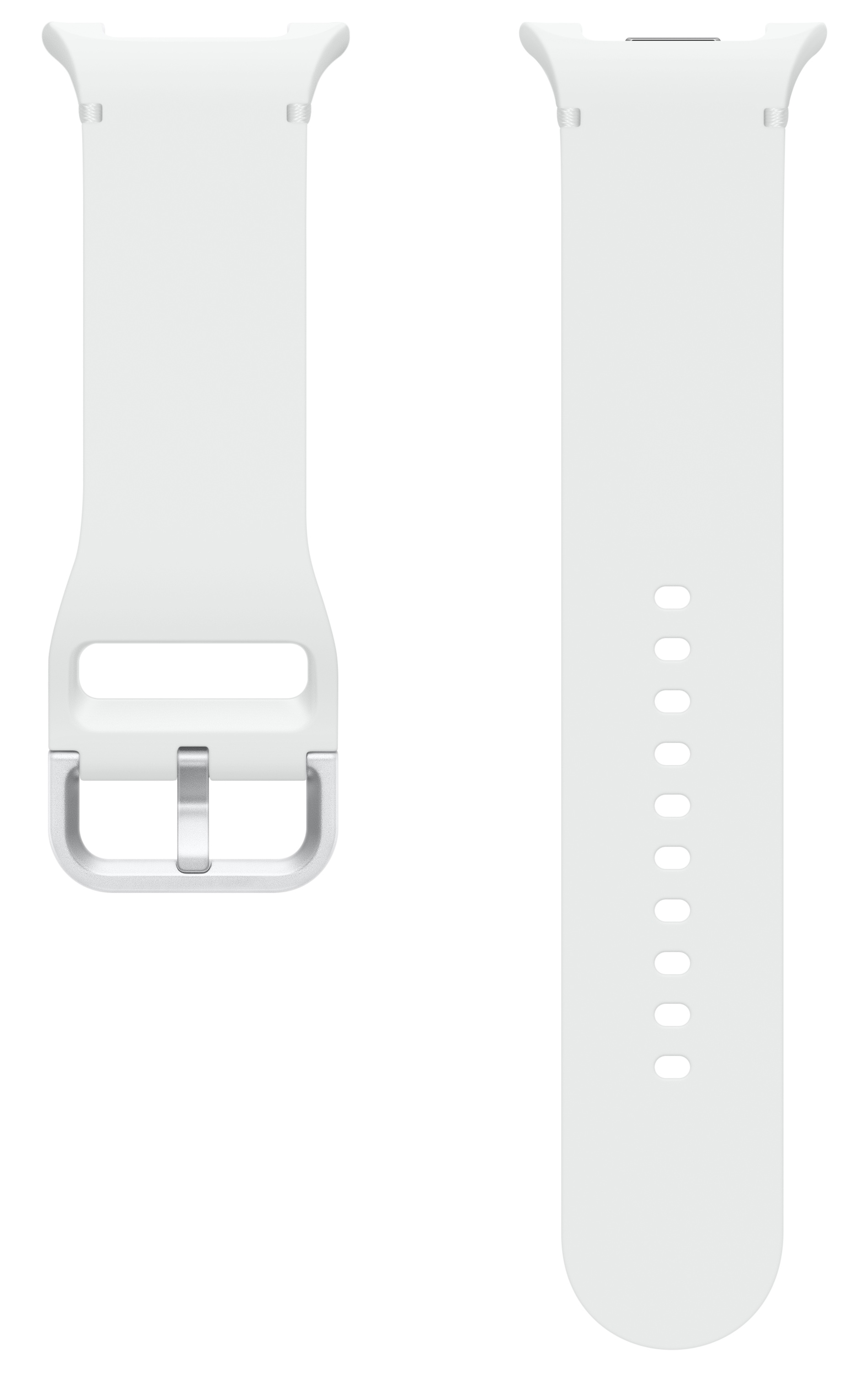 Dwa białe paski do zegarka. Jeden ma klamrę, drugi dziury. Oba na białym tle.