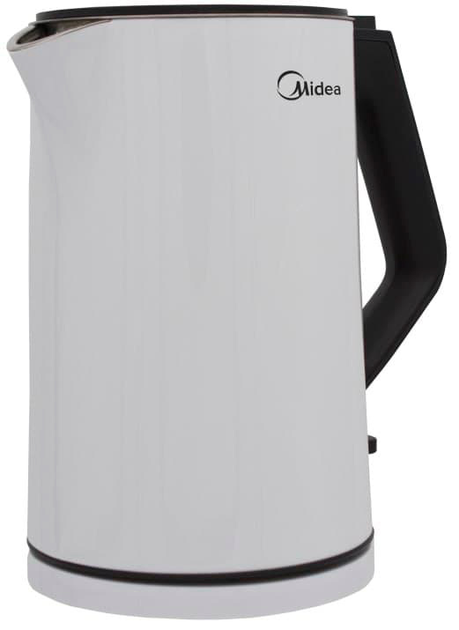 Biały czajnik elektryczny z czarnym uchwytem. Logo Midea znajduje się z boku. Górna i dolna część mają czarne akcenty.