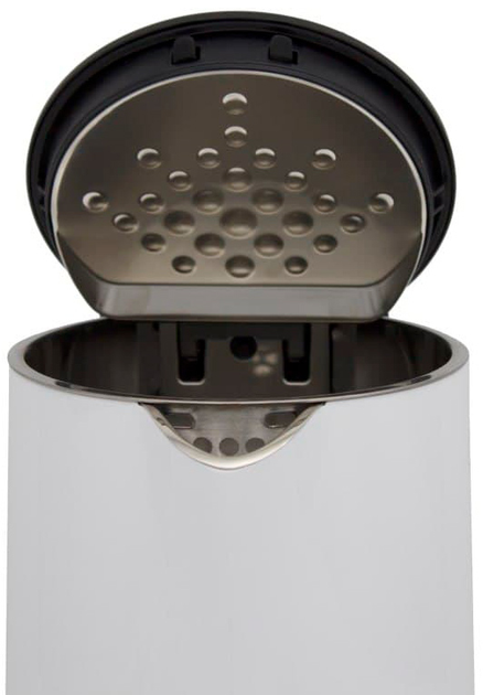 Zbliżenie białego i nierdzewnego czajnika ze stali, otwartą pokrywką. Pokrywa jest czarna, wewnątrz srebrna perforowana płyta.