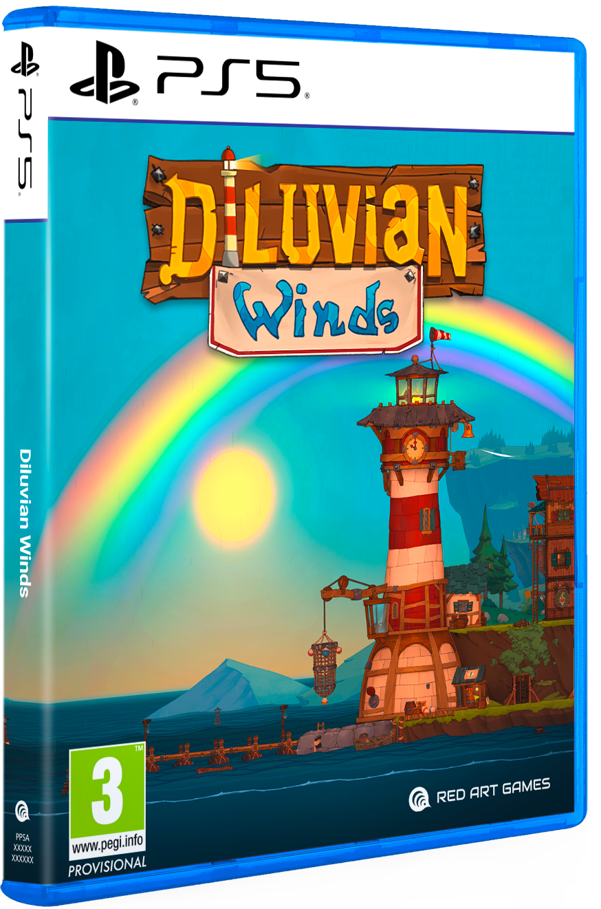 Portada del juego PS5. Título 'Diluvian Winds' con faro en isla, arcoíris y puesta de sol. Clasificación PEGI 3.