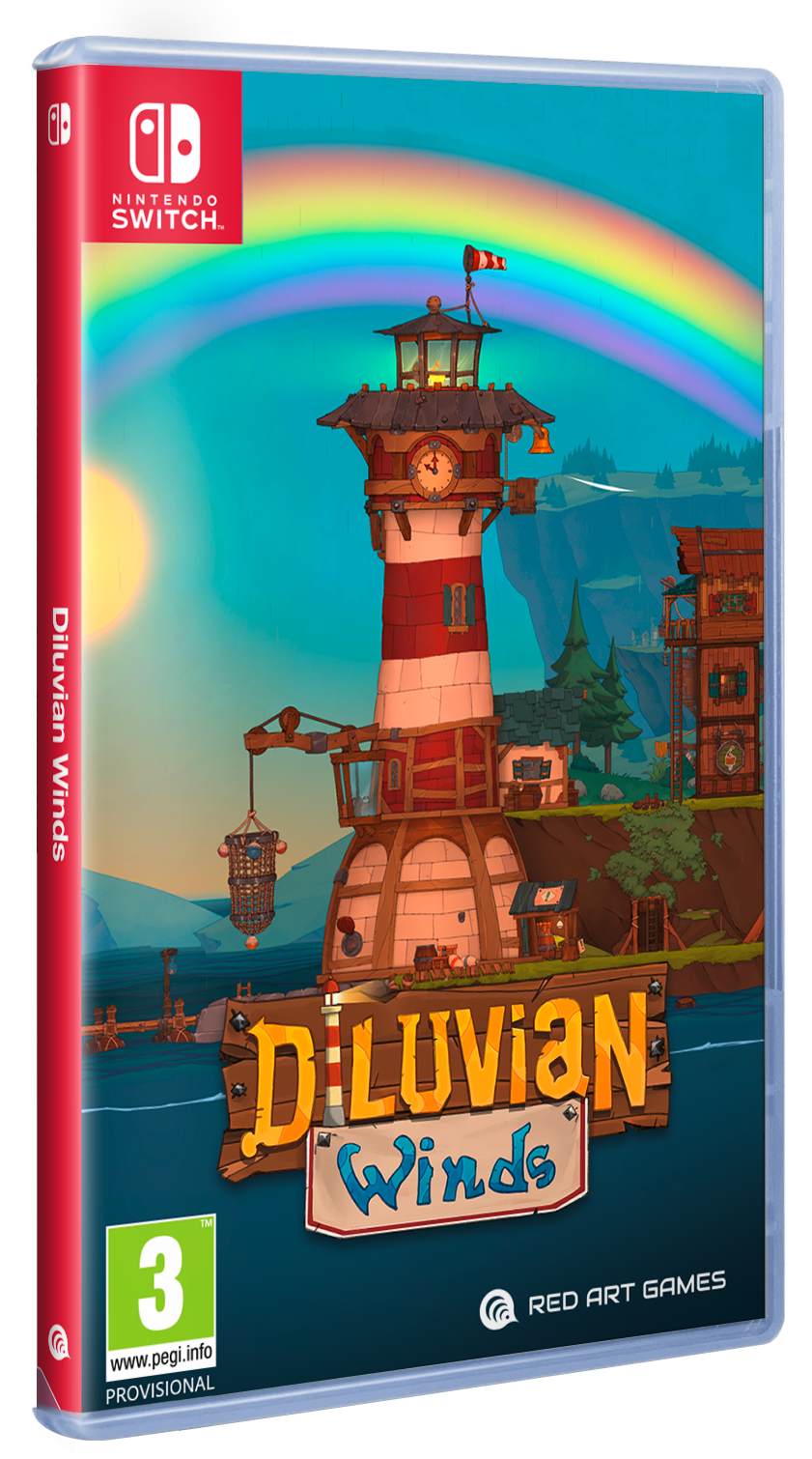 Arte de la caja del juego Diluvian Winds. Un faro se encuentra cerca del agua, con un arco iris en el cielo. El logotipo de Nintendo Switch está presente.
