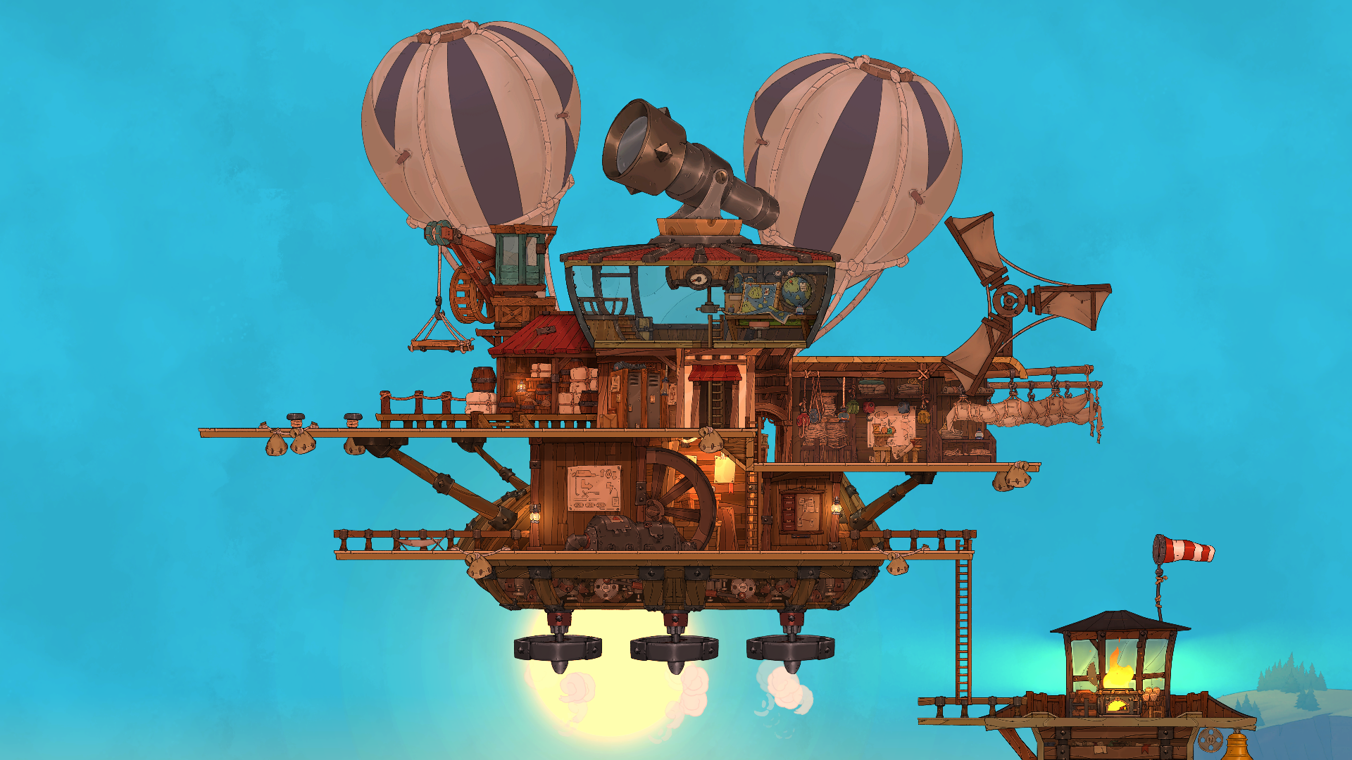 Una detallada aeronave steampunk con dos soportes de globo, una estructura central con telescopio y una torre de vigilancia.