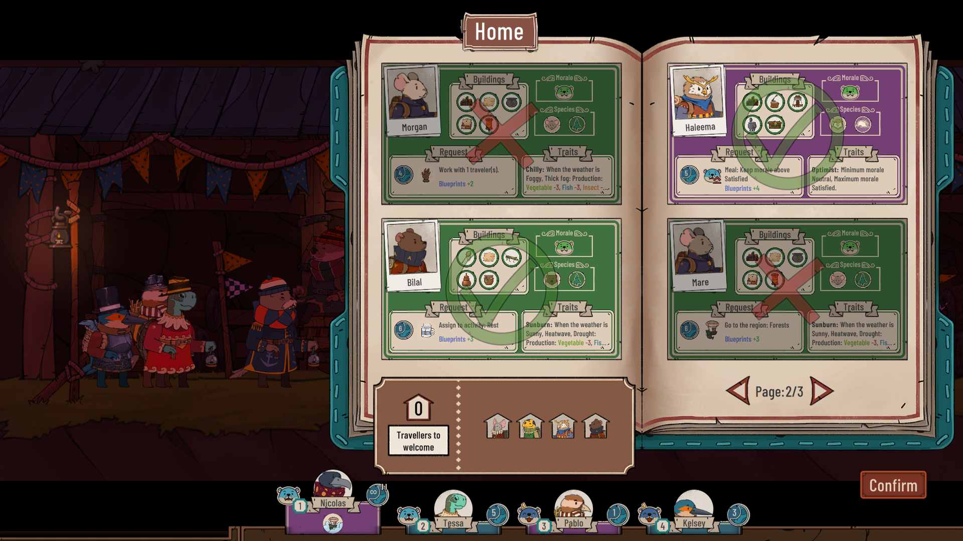 Una interfaz de juego muestra cartas de personajes, opciones de construcción y solicitudes de viajeros. El fondo muestra una escena festiva.
