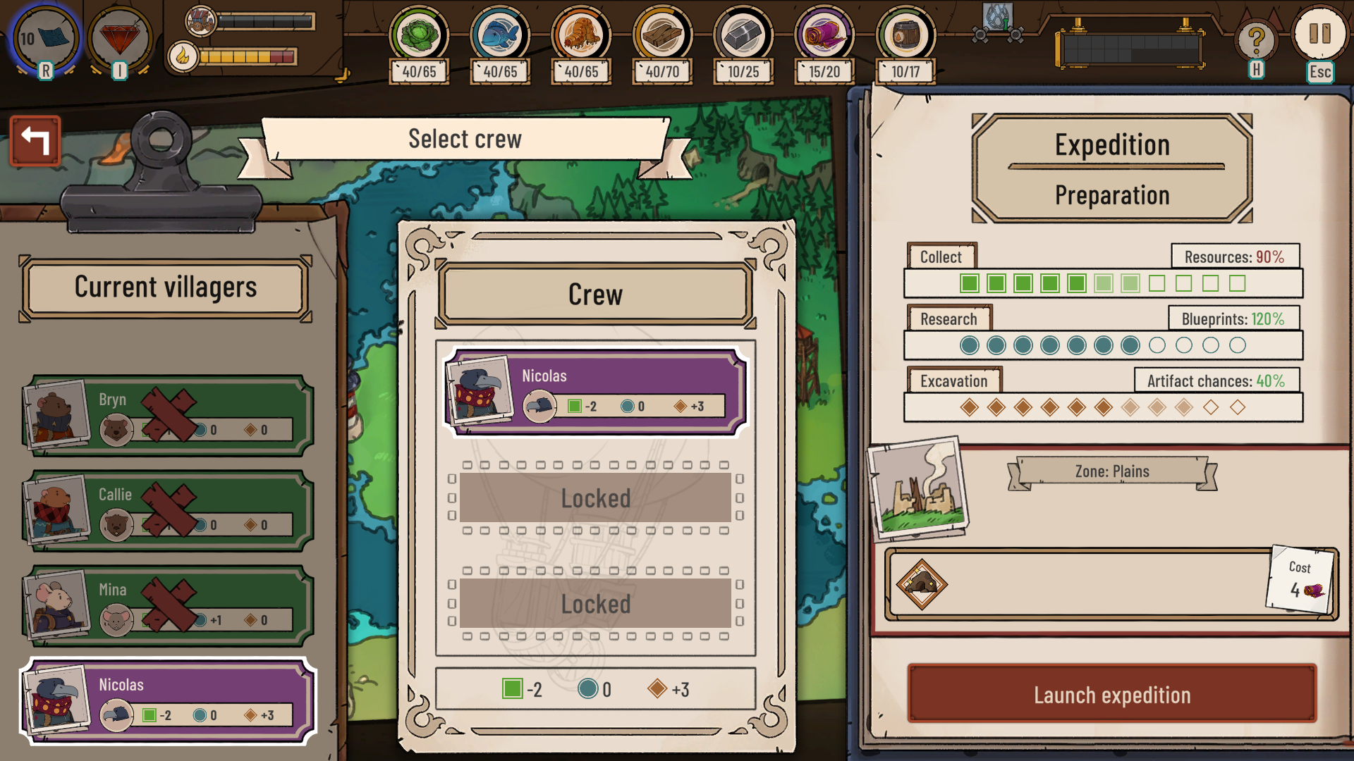 Interfaz de juego muestra la preparación de la expedición. Muestra selección de tripulación, niveles de recursos y detalles de la expedición.
