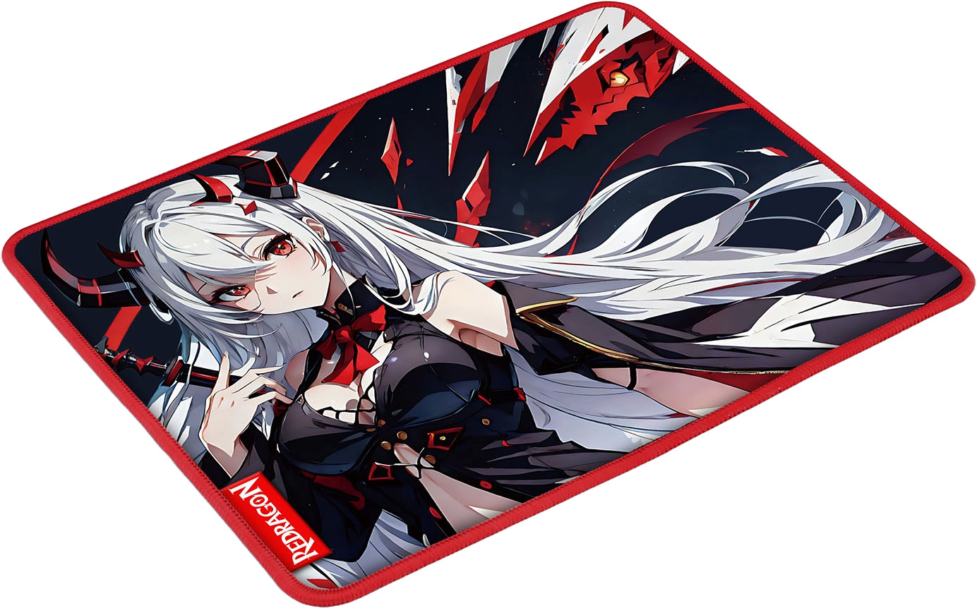 Podkładka pod mysz anime. Białe włosy, czerwone oczy, czarna sukienka, czerwone rogi. Smoczy wzór w tle. Czerwona obwódka.