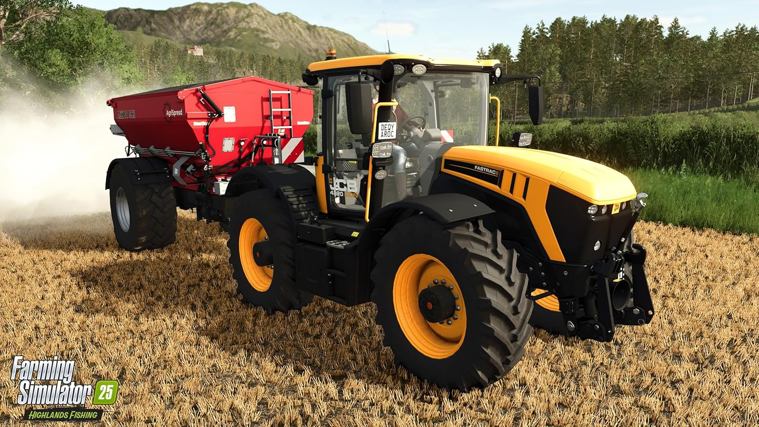 Un tractor amarillo y negro con un remolque rojo en un campo. El cielo es azul con nubes. Logo Farming Simulator 25 abajo.