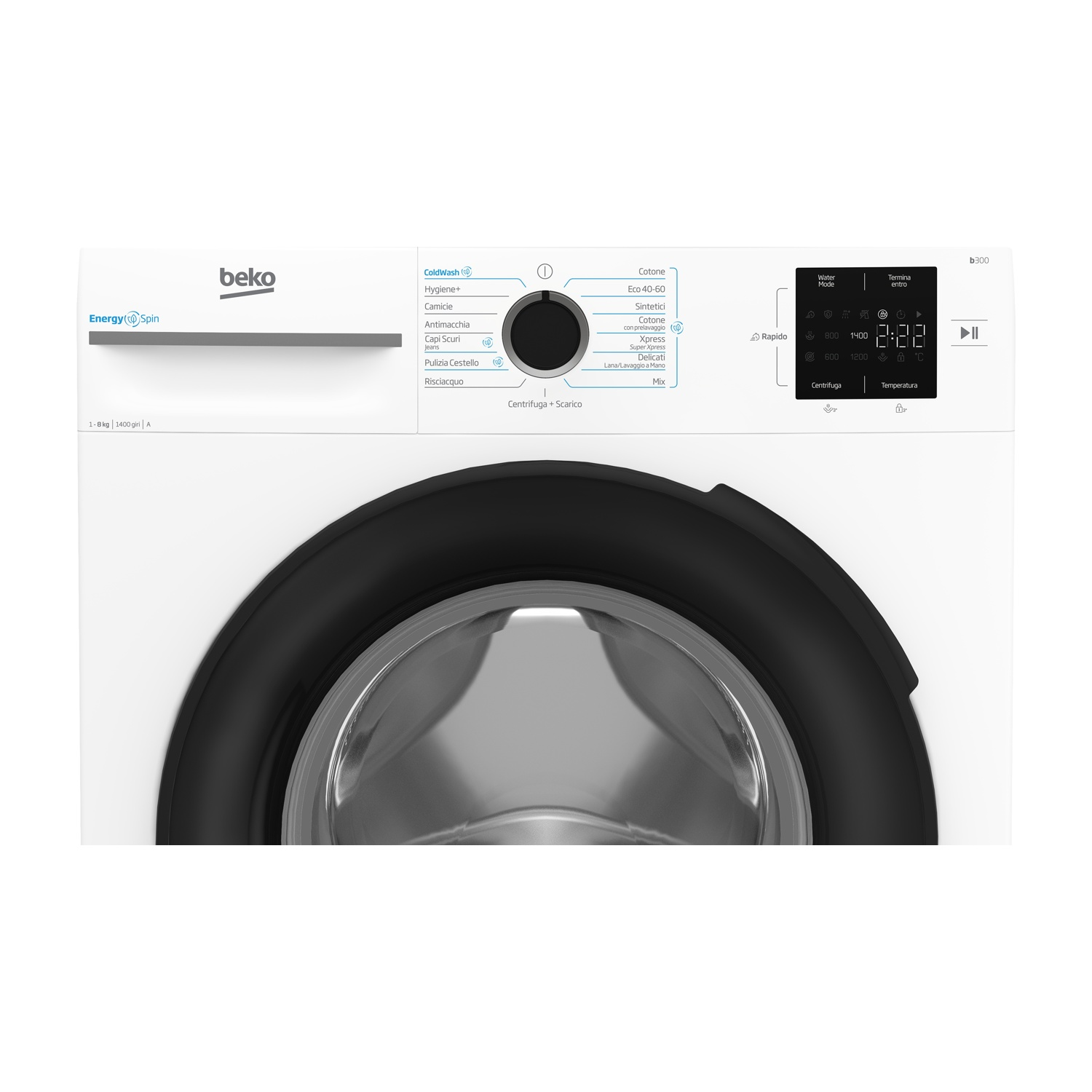 Lavatrice bianca con porta nera e pannello di controllo con opzioni e display digitale.
