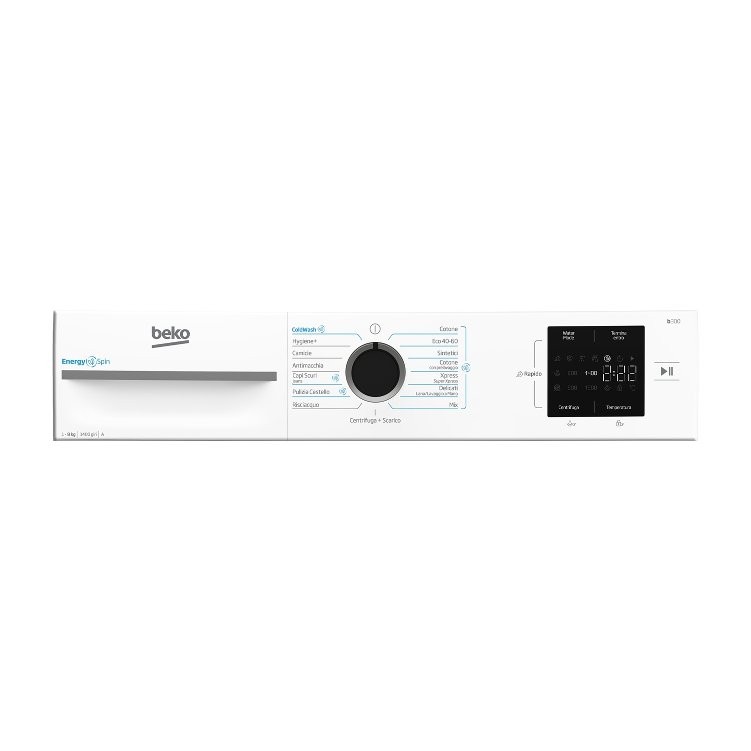 Pannello di controllo bianco della lavatrice Beko. Ha pulsanti, un quadrante e un display digitale che mostra le impostazioni e il tempo rimanente.