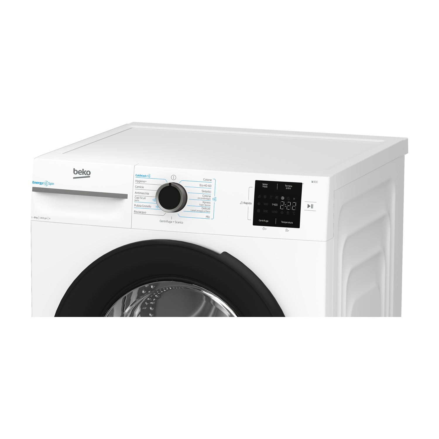 Una lavatrice Beko bianca con porta nera. Ha un pannello di controllo con varie impostazioni e un display digitale.