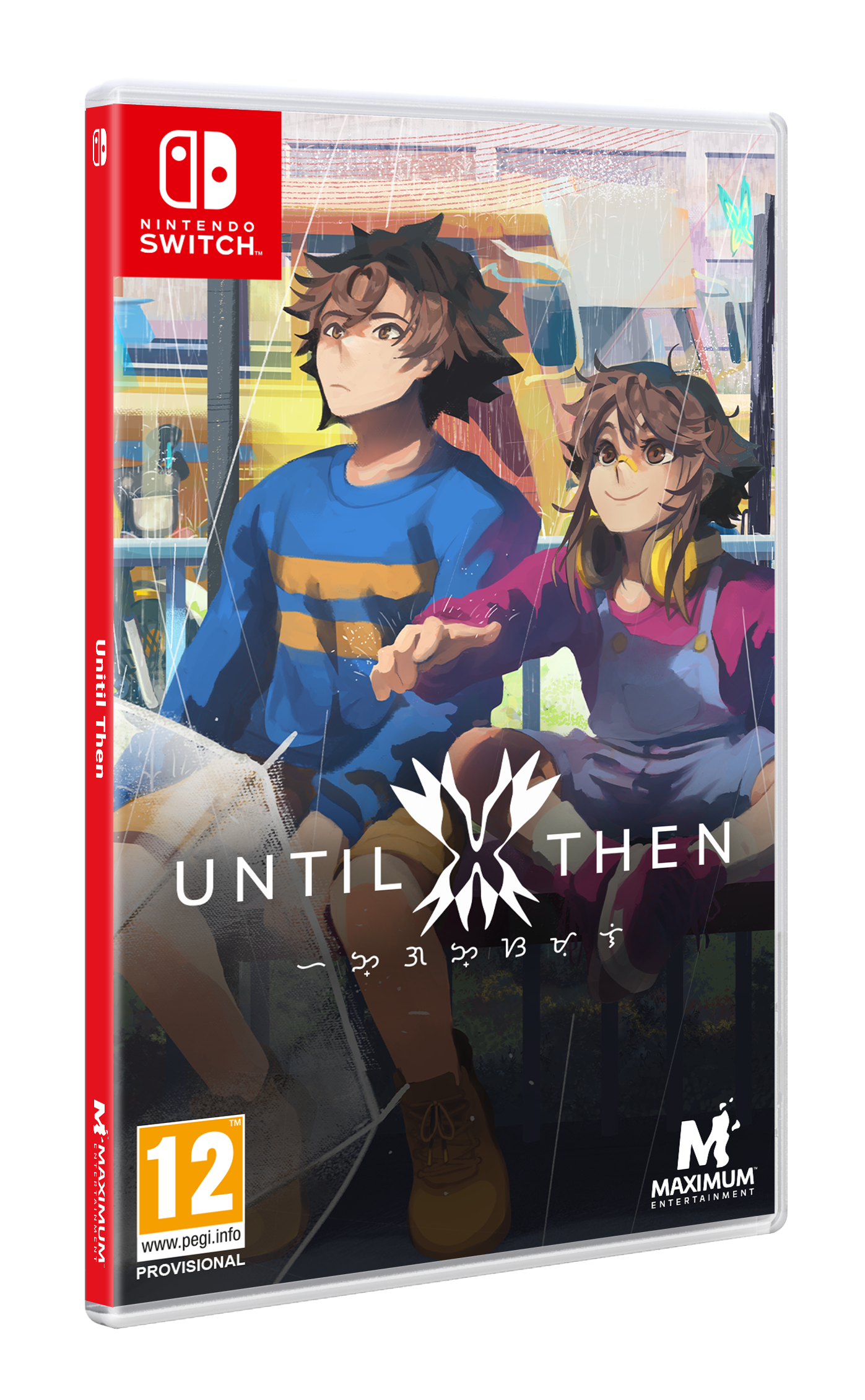 Arte de la caja del juego de Nintendo Switch. Dos figuras de anime bajo la lluvia. Título 'Until Then'. Clasificación 12.