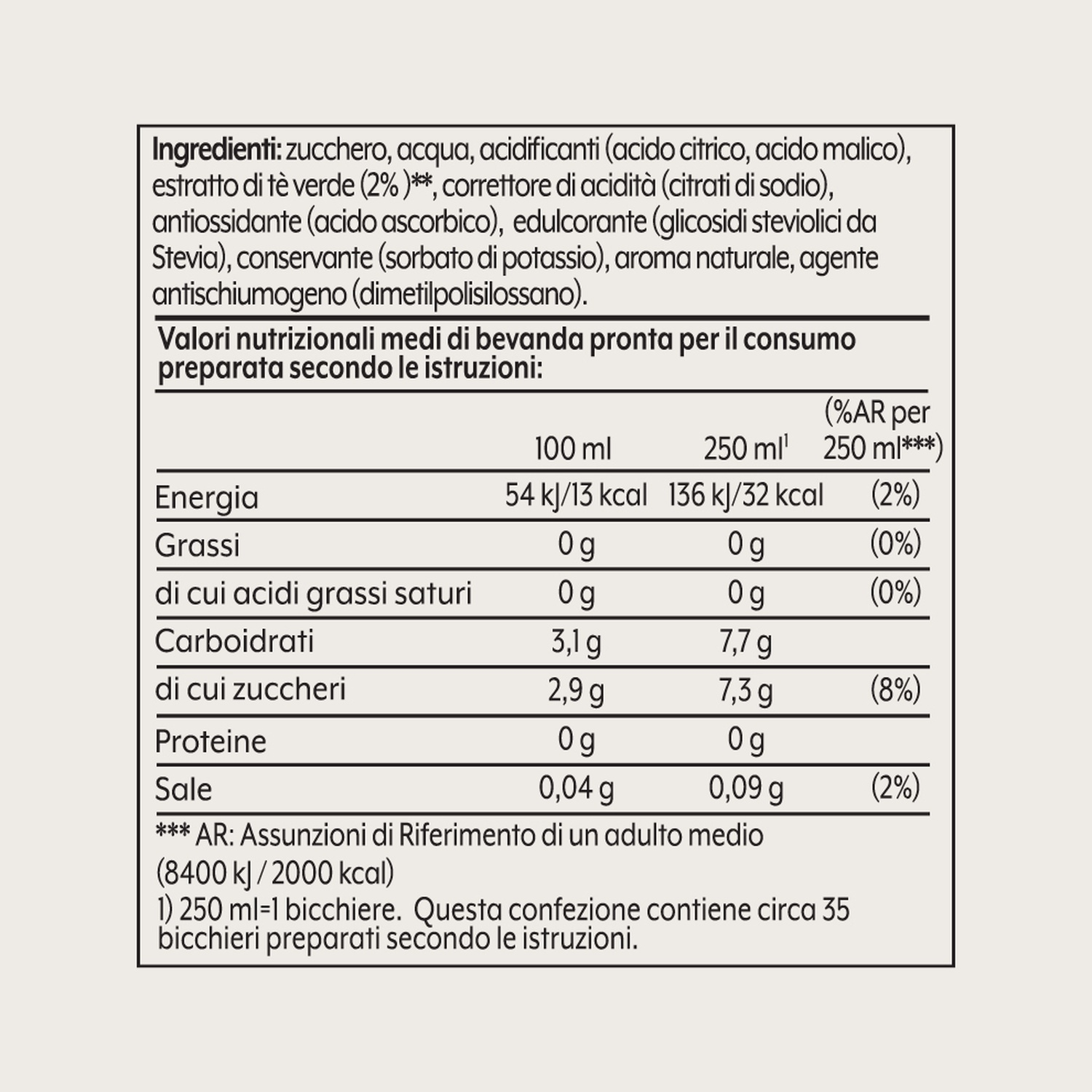 Etichetta nutrizionale in italiano. Elenca ingredienti, valori nutrizionali per 100 ml e 250 ml, e % dei valori giornalieri.