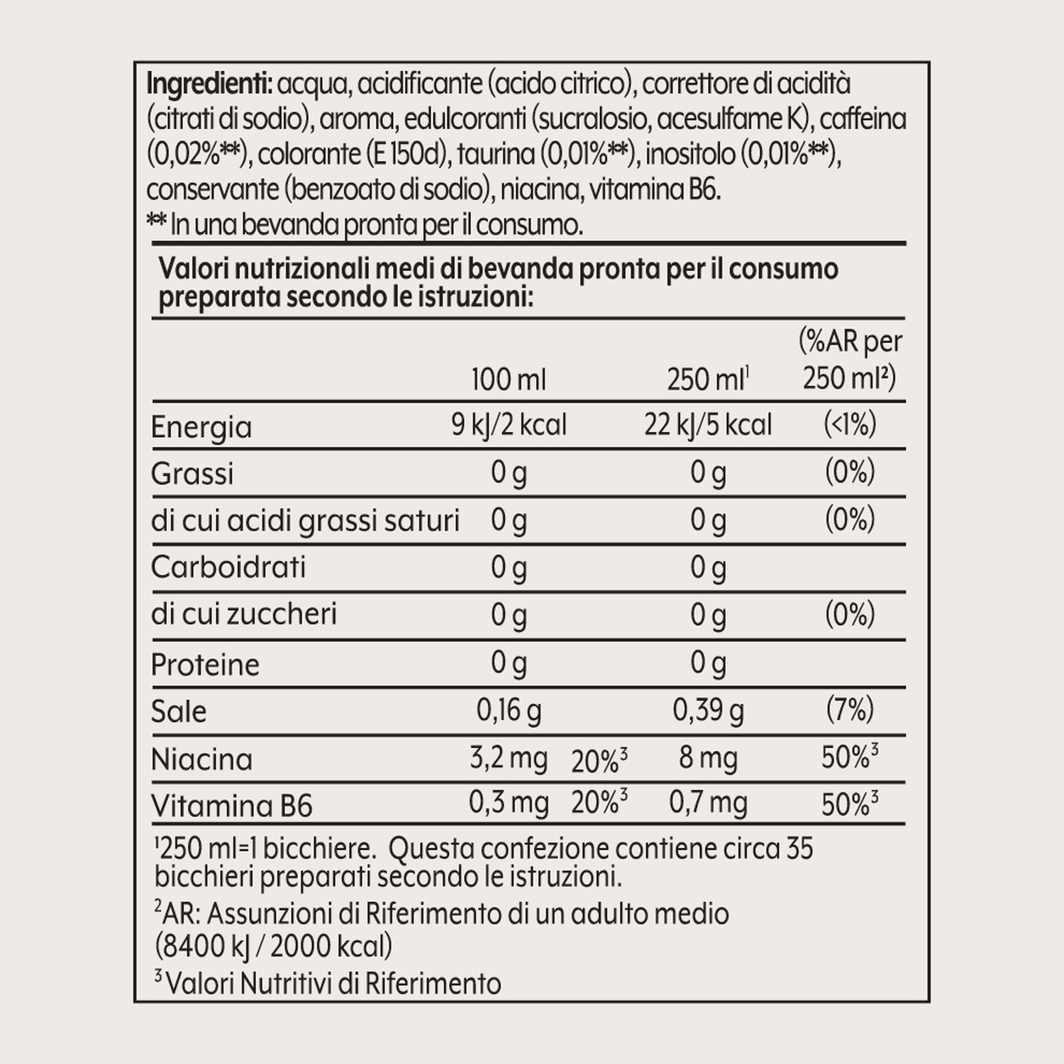 Etichetta nutrizionale. Elenca ingredienti, inclusa l'acqua, e valori nutrizionali per porzione e percentuali.