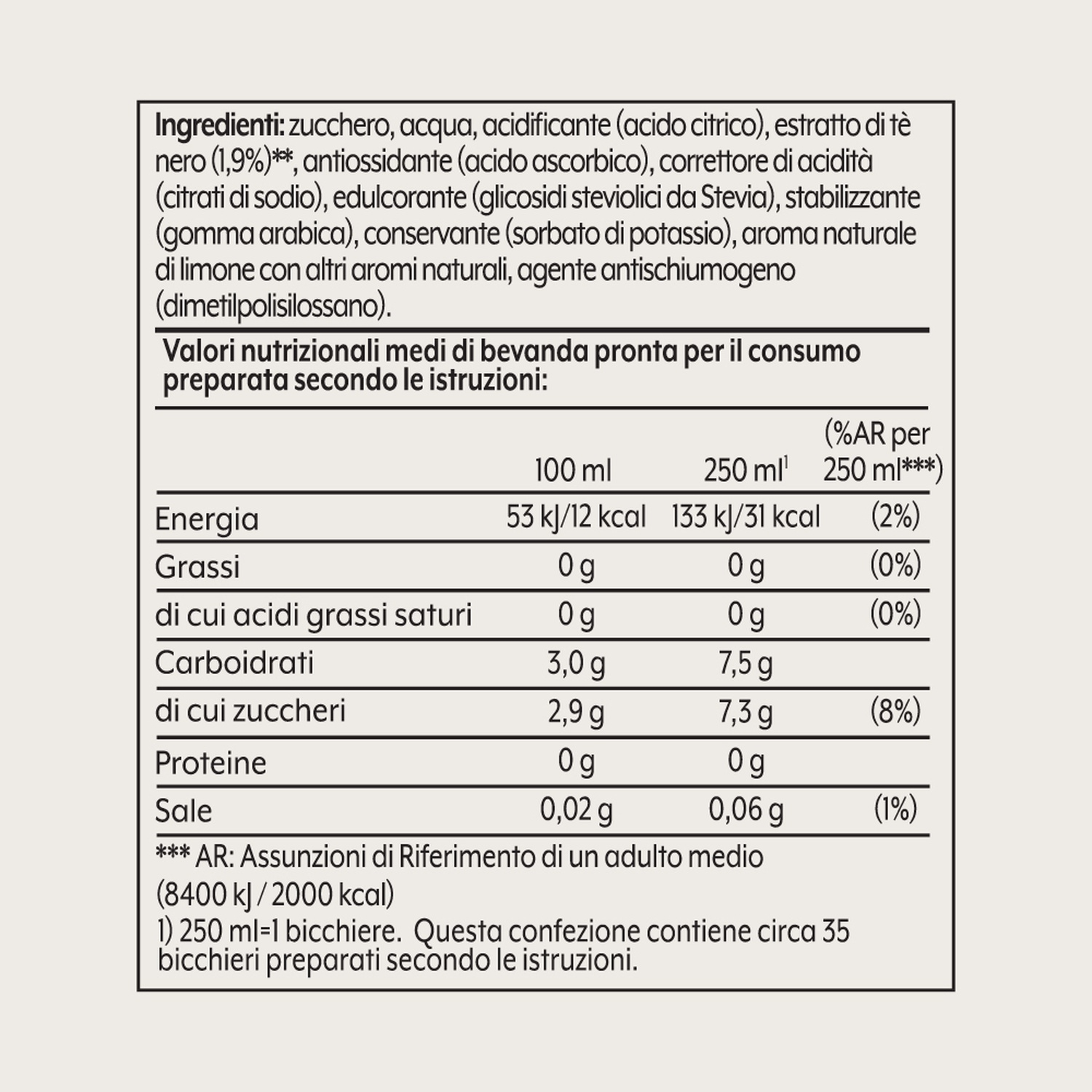 Tabella nutrizionale. Ingredienti: zucchero, acqua e altri additivi. Valori per 100 ml e 250 ml.