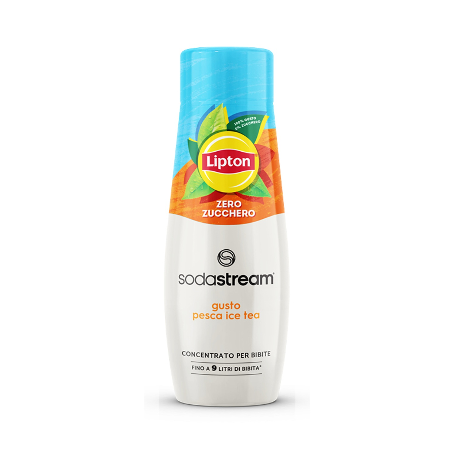 Una bottiglia di concentrato di tè freddo alla pesca Lipton con tappo blu. Presenta il logo Lipton e le scritte 'Zero Zucchero' e 'SodaStream'.