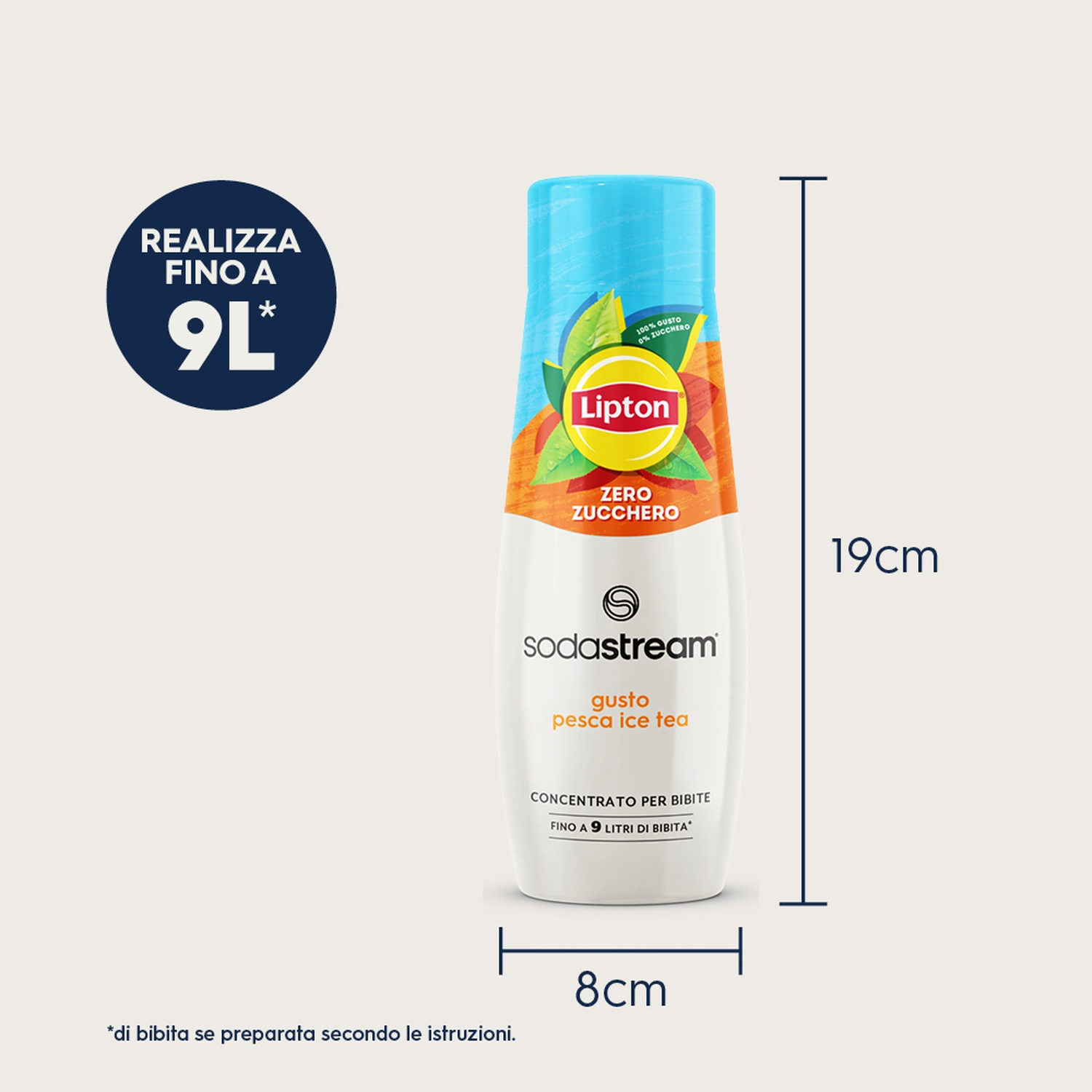 Bottiglia di concentrato di tè freddo alla pesca Lipton. Ha un tappo blu, un'etichetta pesca e gialla. È alta 19 cm e larga 8 cm.