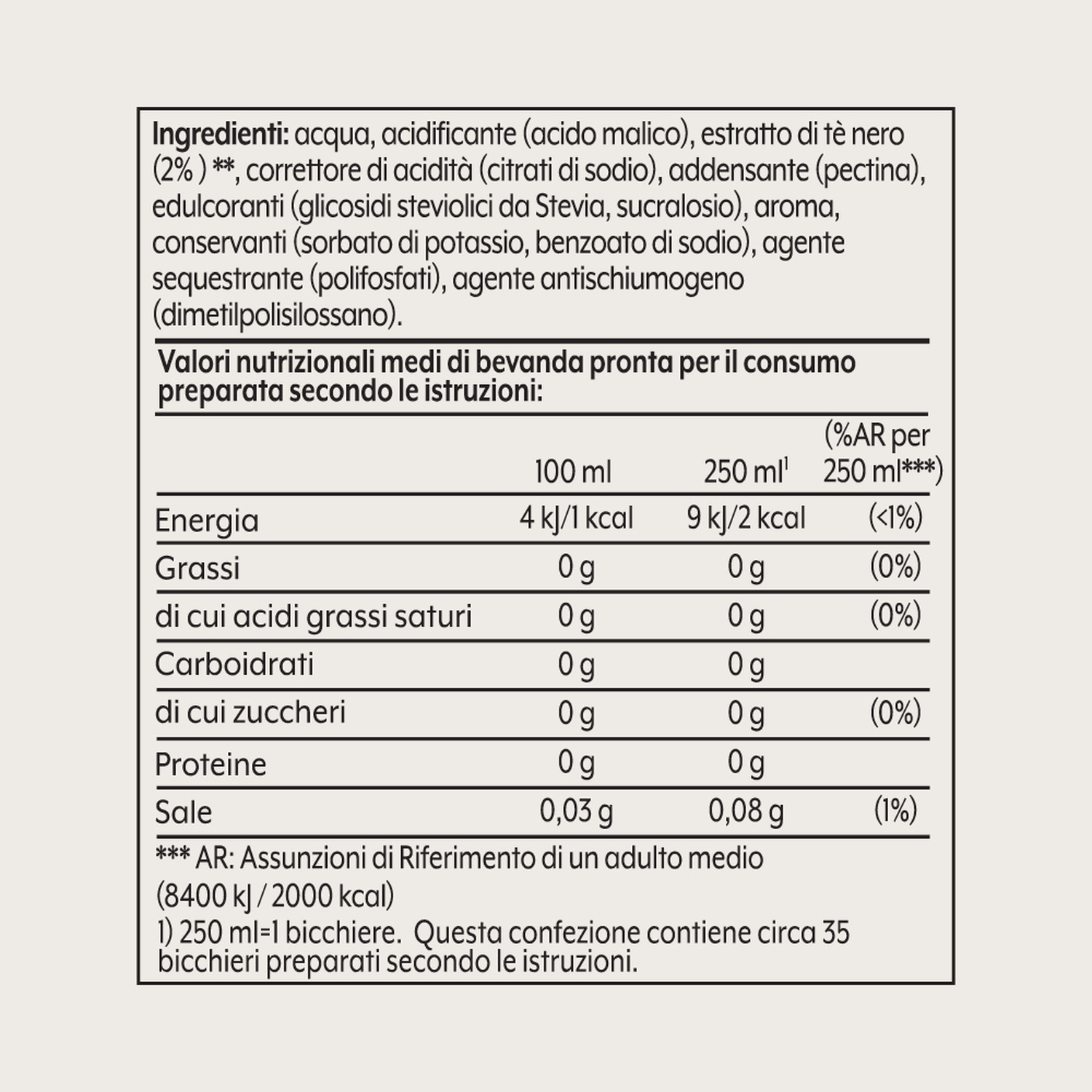 Etichetta nutrizionale con elenco ingredienti e valori per porzione. Include energia, grassi, carboidrati, zuccheri, proteine e sale.