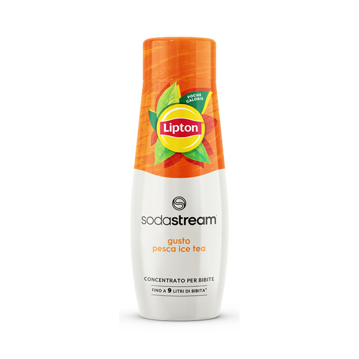 Una bottiglia di tè freddo alla pesca Lipton. Ha un design arancione e bianco con il logo Lipton, il marchio Sodastream e testo in italiano.