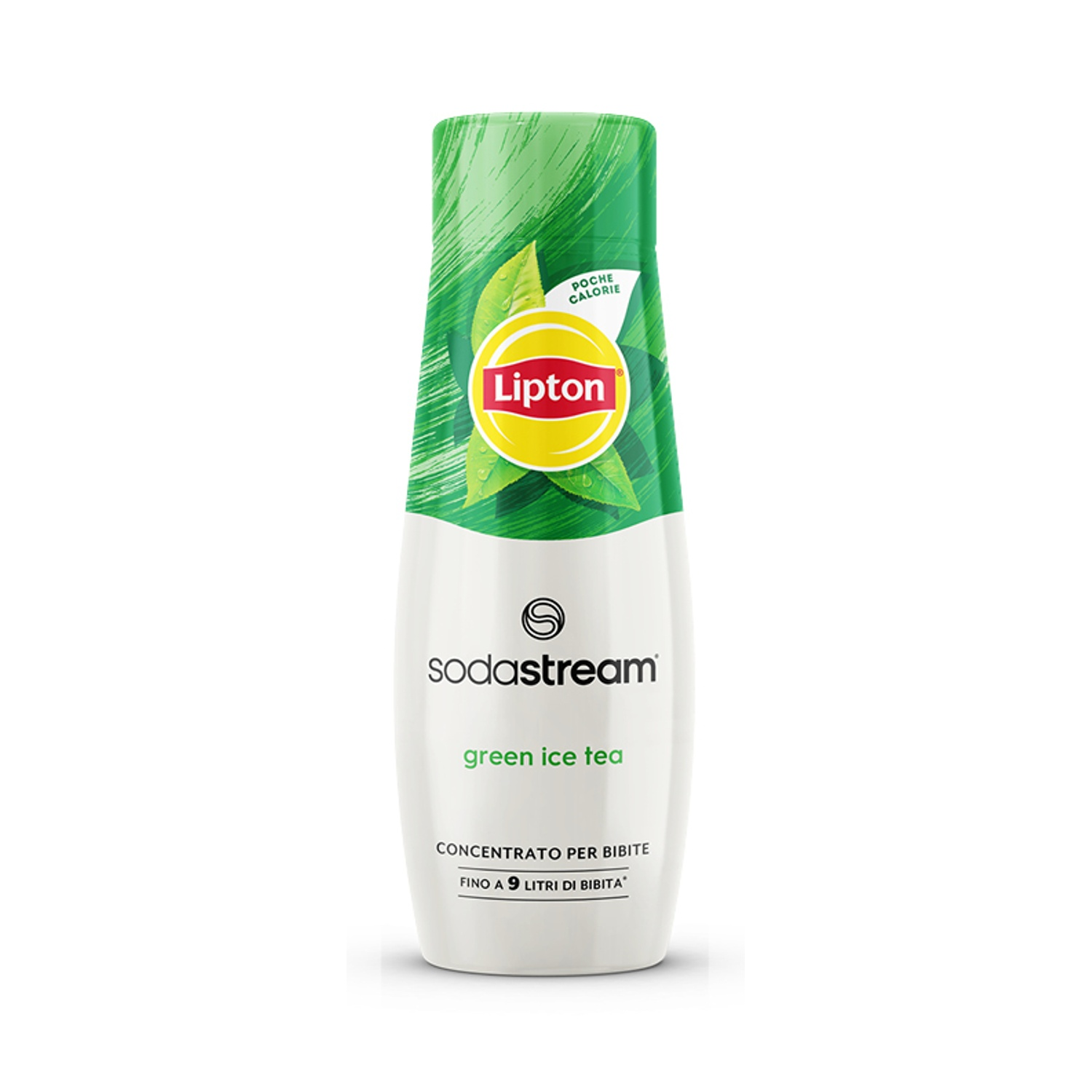 Una bottiglia di concentrato di tè freddo verde Lipton. Ha un tappo verde e il logo Lipton. La bottiglia dice Sodastream.