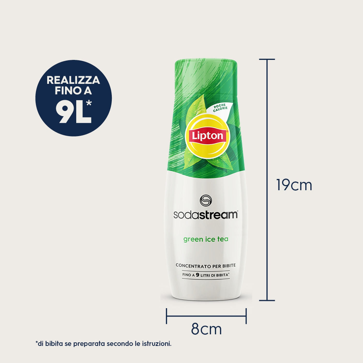Una bottiglia SodaStream di tè freddo verde Lipton, alta 19 cm e larga 8 cm. Contiene testo e il logo Lipton. Produce 9L.