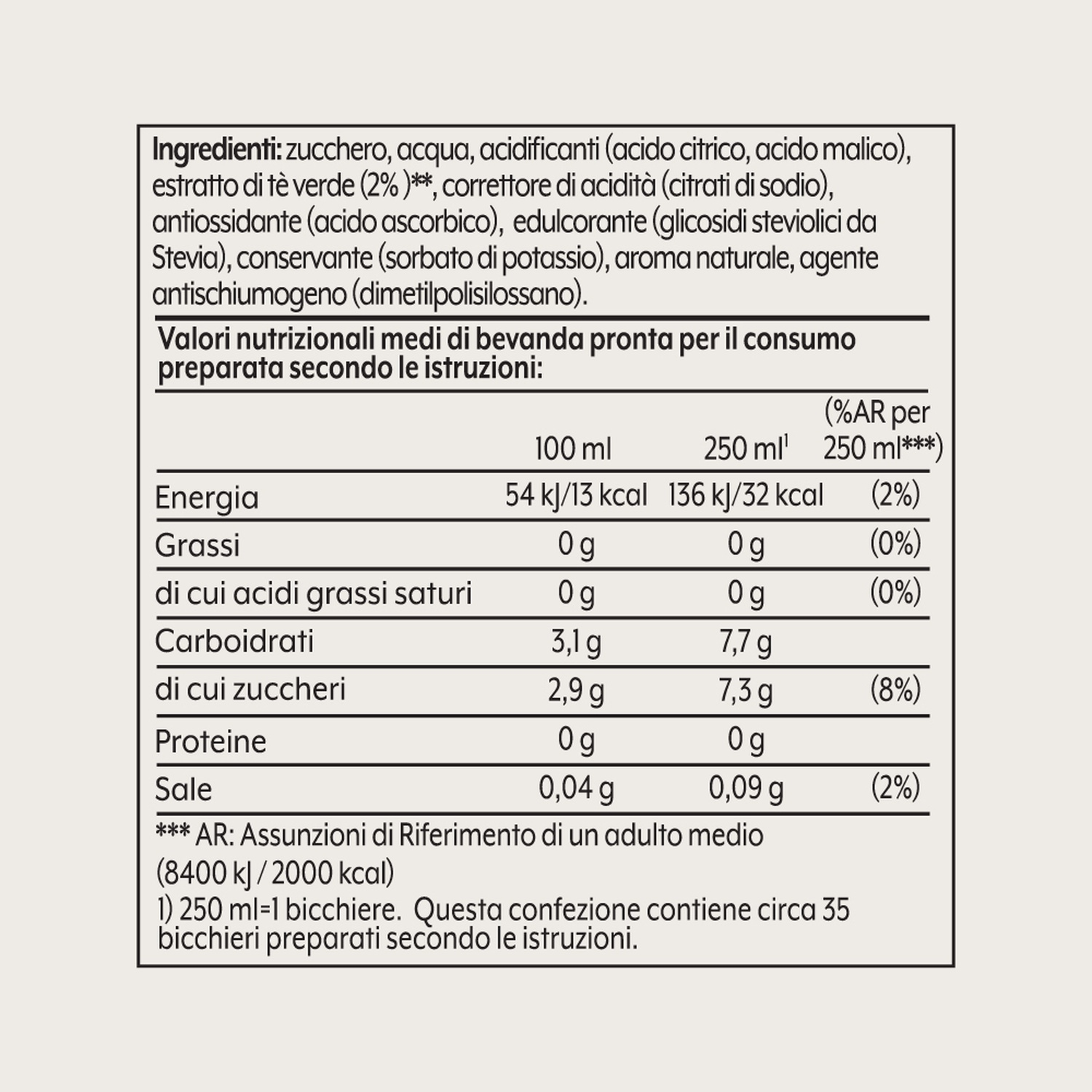 Tabella nutrizionale con ingredienti di una bevanda. Include valori di energia, grassi, carboidrati, zuccheri, proteine e sale.