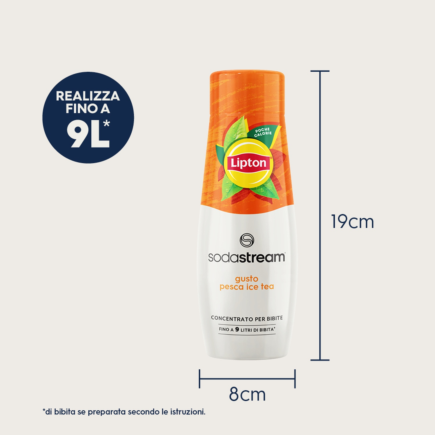 Una bottiglia di concentrato di tè freddo alla pesca Lipton. Mostra dimensioni, logo Lipton e testo in italiano. La bottiglia è arancione e bianca.