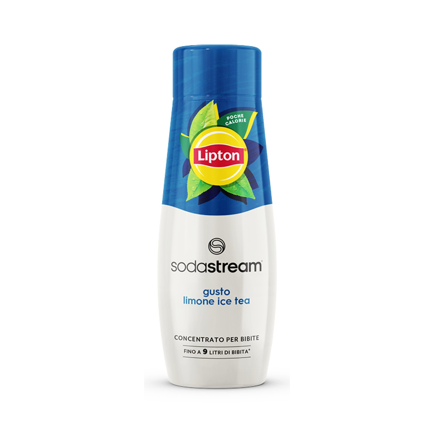 Una bottiglia bianca e blu di concentrato di tè freddo al limone Lipton per Sodastream. Contiene il logo Lipton e testo in italiano.