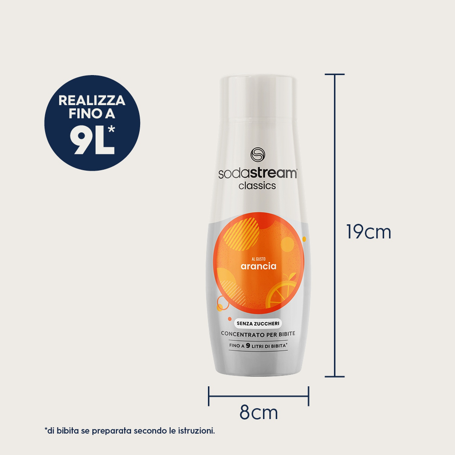 Una bottiglia di concentrato all'arancia SodaStream. Mostra dimensioni e testo in italiano, che indica fino a 9L di bevanda.