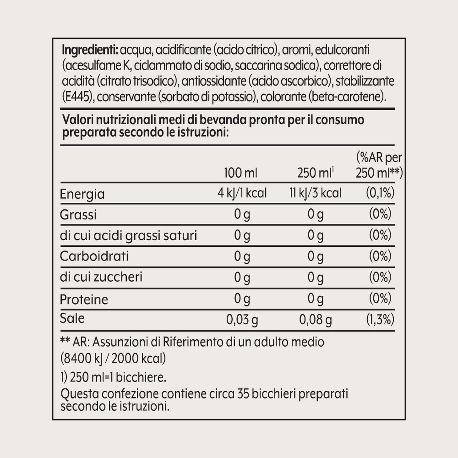 Tabella nutrizionale italiana, con ingredienti, energia, grassi, carboidrati, zuccheri, proteine e sale.
