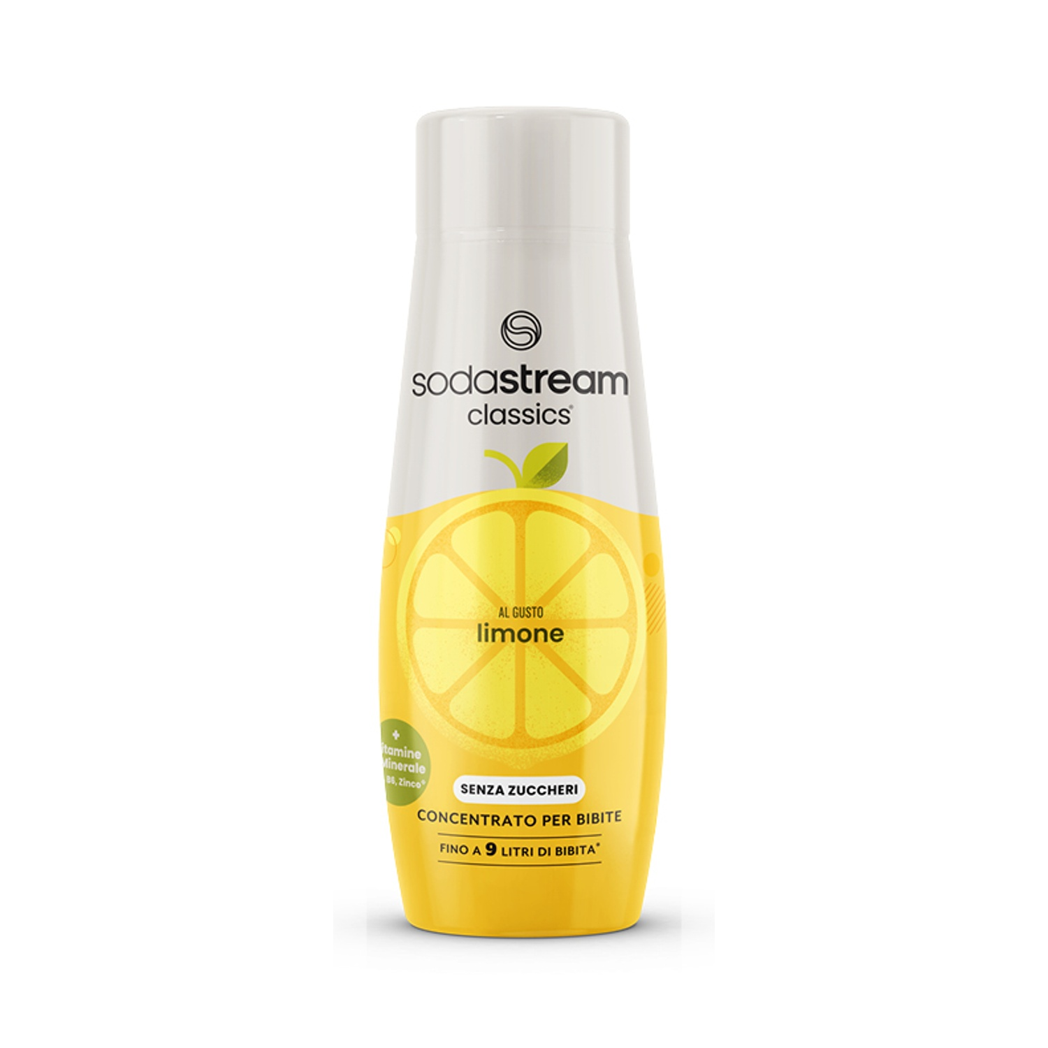 Una bottiglia SodaStream. Ha un tappo bianco e un corpo giallo con grafica di limone e testo in italiano. Dice 'limone' e 'senza zuccheri'.