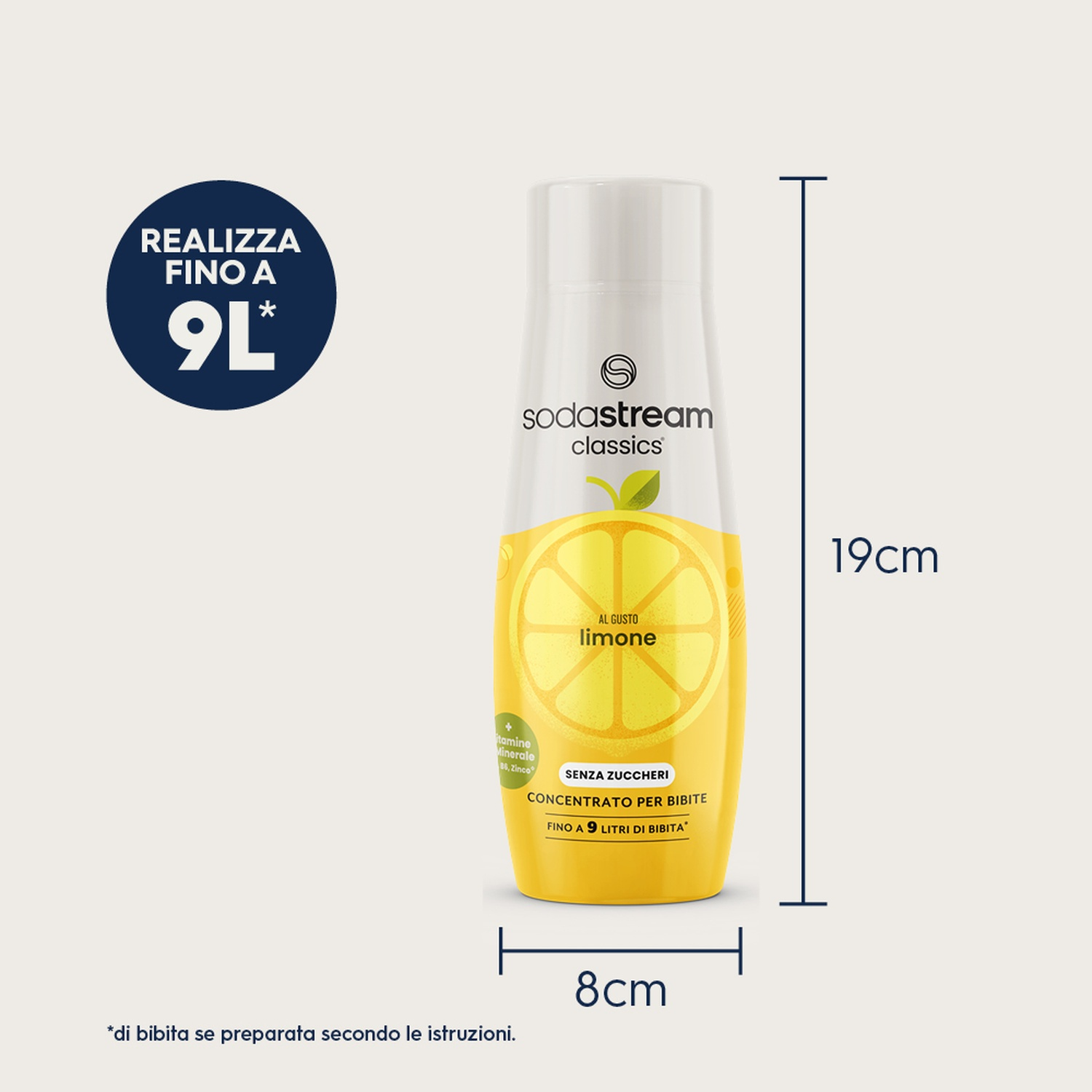 Una bottiglia di sciroppo al limone SodaStream. È gialla con un'illustrazione di limone e testo in italiano, con dimensioni di 19 cm x 8 cm.