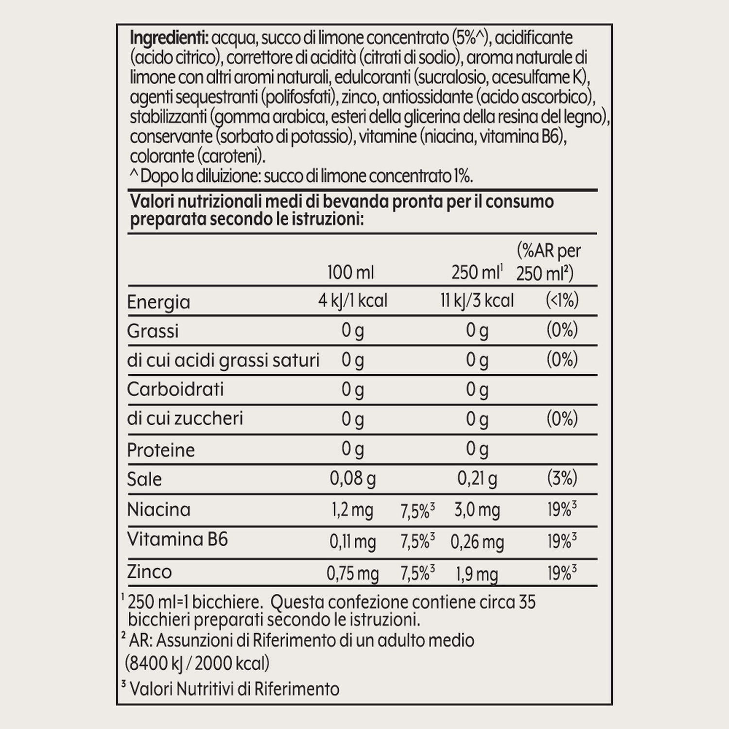 Tabella nutrizionale. Elenca energia, grassi, carboidrati, proteine e micronutrienti come niacina, vitamina B6 e zinco.