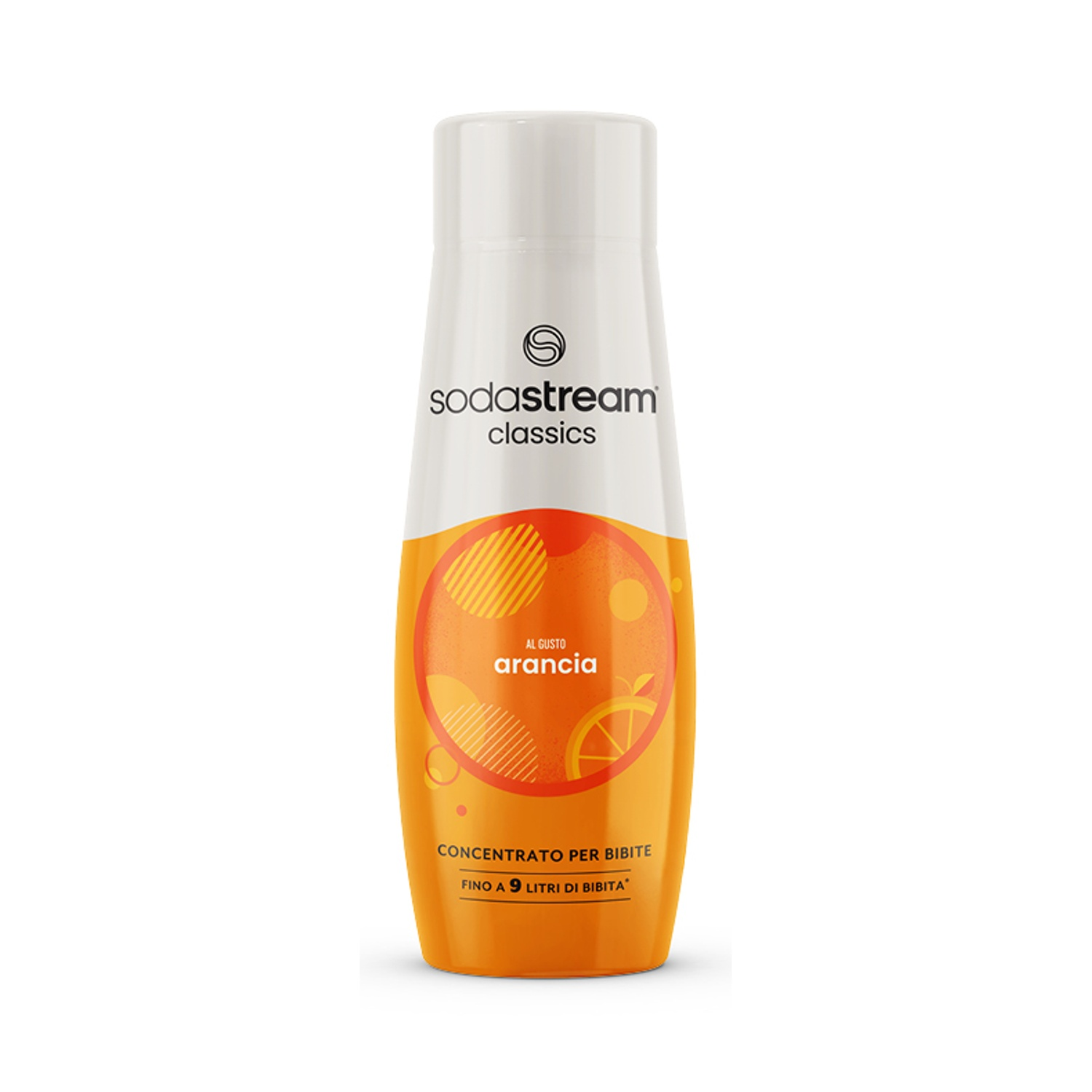 Una bottiglia SodaStream di concentrato d'arancia. Tappo bianco, corpo arancione con testo 'arancia'. Contiene fino a 9 litri di bevanda.