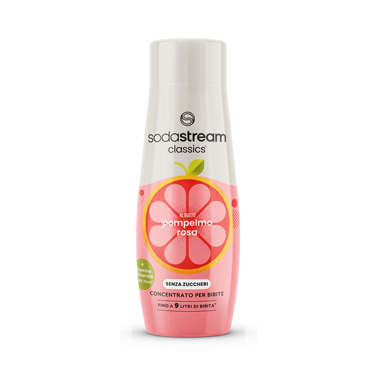 Una bottiglia rosa e bianca di SodaStream con immagine di pompelmo. Il testo include 'pompelmo rosa', 'senza zuccheri' e 'concentrato per bibite'.