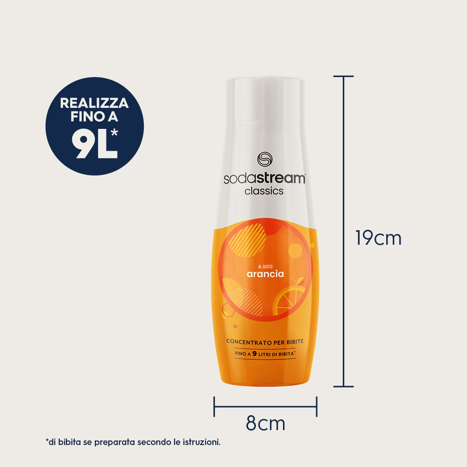 Una bottiglia di concentrato d'arancia SodaStream con misure ed etichette di testo. La bottiglia è arancione con tappo bianco e contiene 9L.