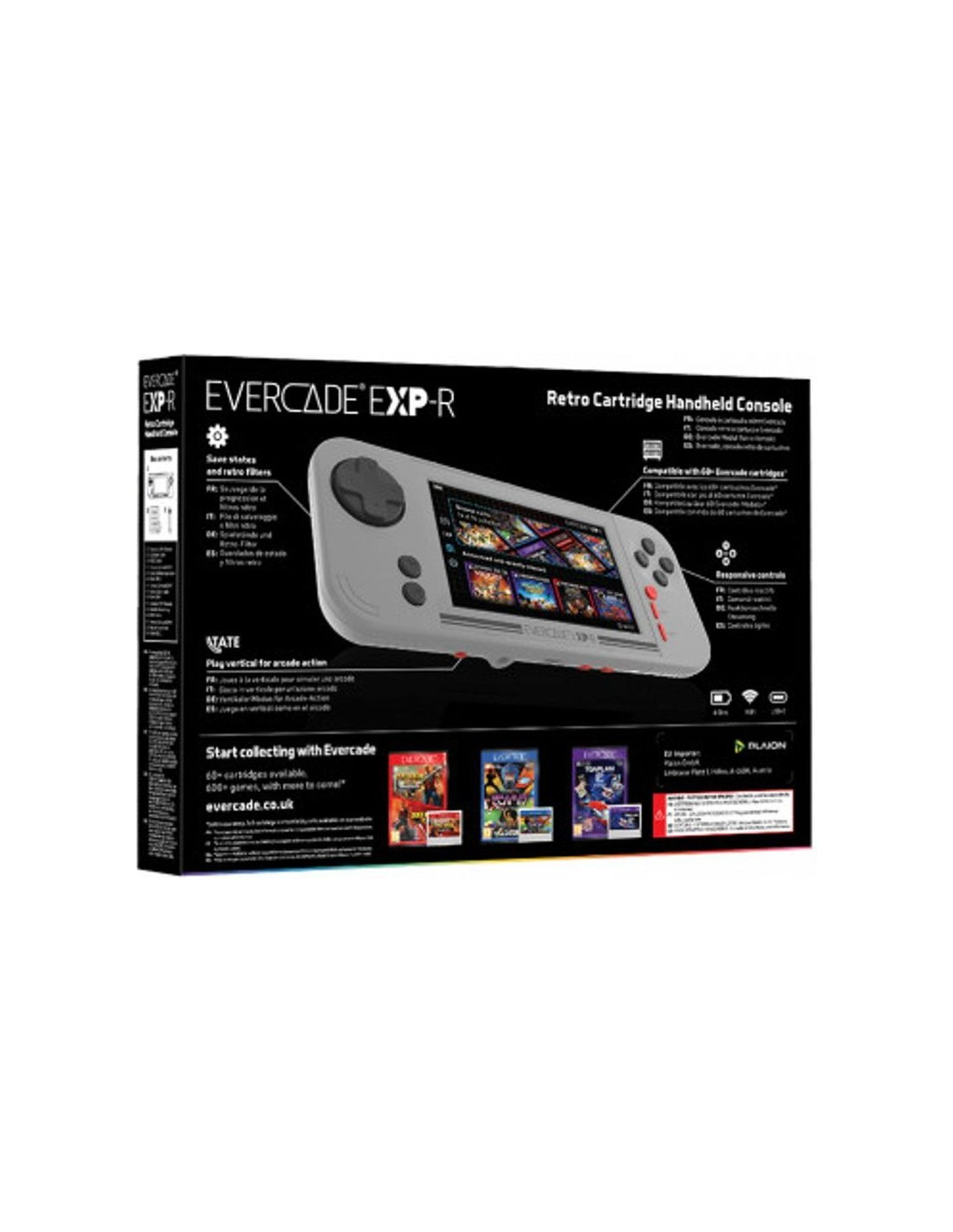 Una consola portátil gris Evercade EXP-R en una caja negra. La pantalla muestra iconos de juegos. Se ve texto y cartuchos de juegos.