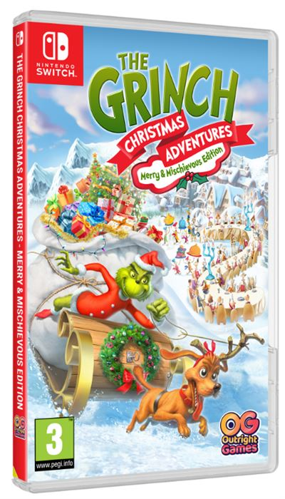 Portada del juego del Grinch. El Grinch en un trineo con Max. Regalos de Navidad y un pueblo nevado de fondo.