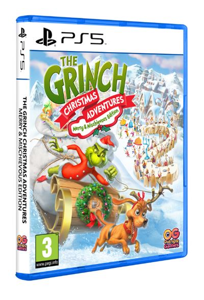 Portada del juego The Grinch Christmas Adventures. Se muestran el Grinch, Max y un trineo sobre un fondo nevado con un pueblo.